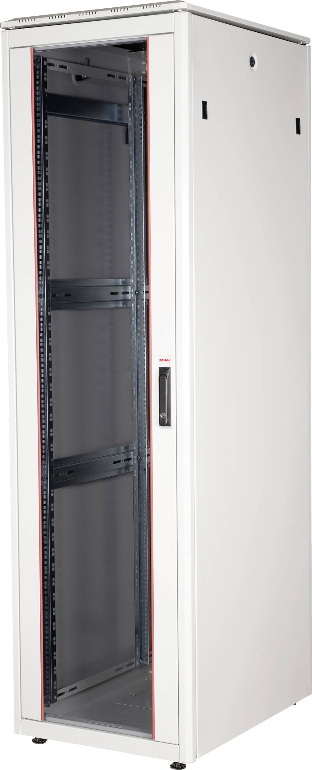 Ein weißer, hoher Metallschrank für Server oder IT-Geräte, mit mehreren Regalböden und einer schwarzen Türöffnung an der Vorderseite.