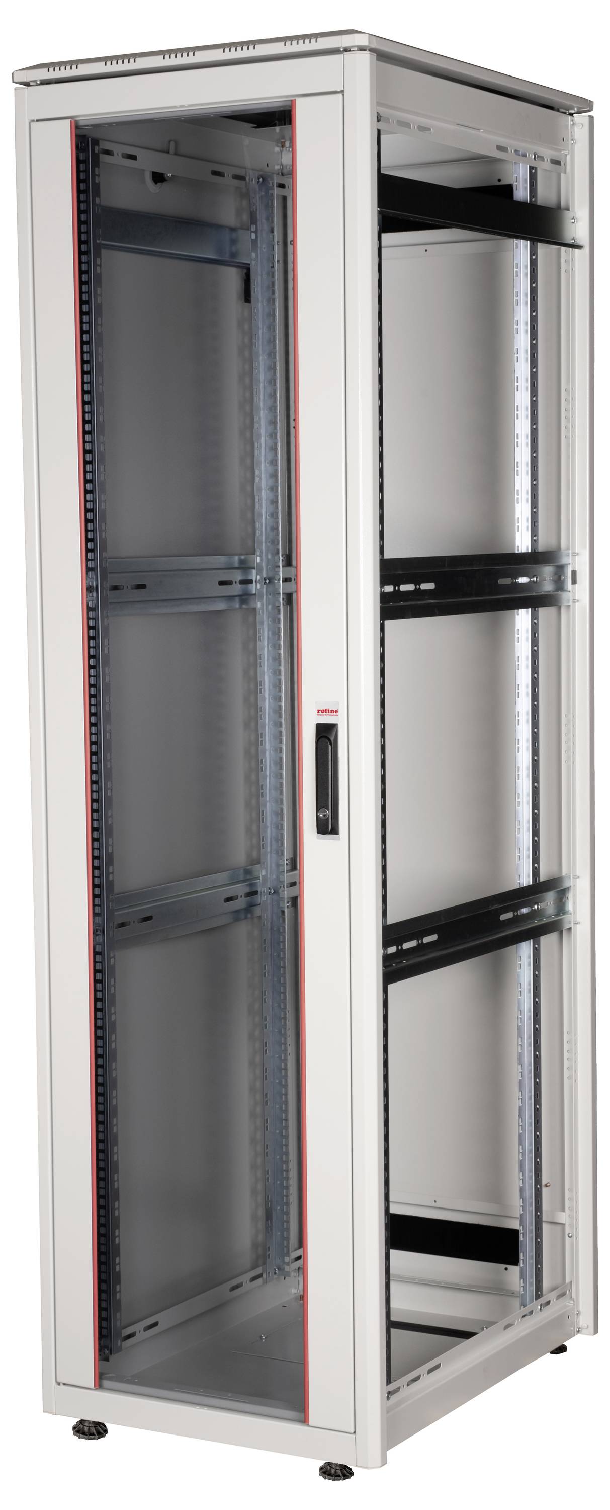 Ein leerer, hochformatiger Server-Rack-Schrank mit Glastür, geeignet für die Montage von Netzwerk- und IT-Komponenten.