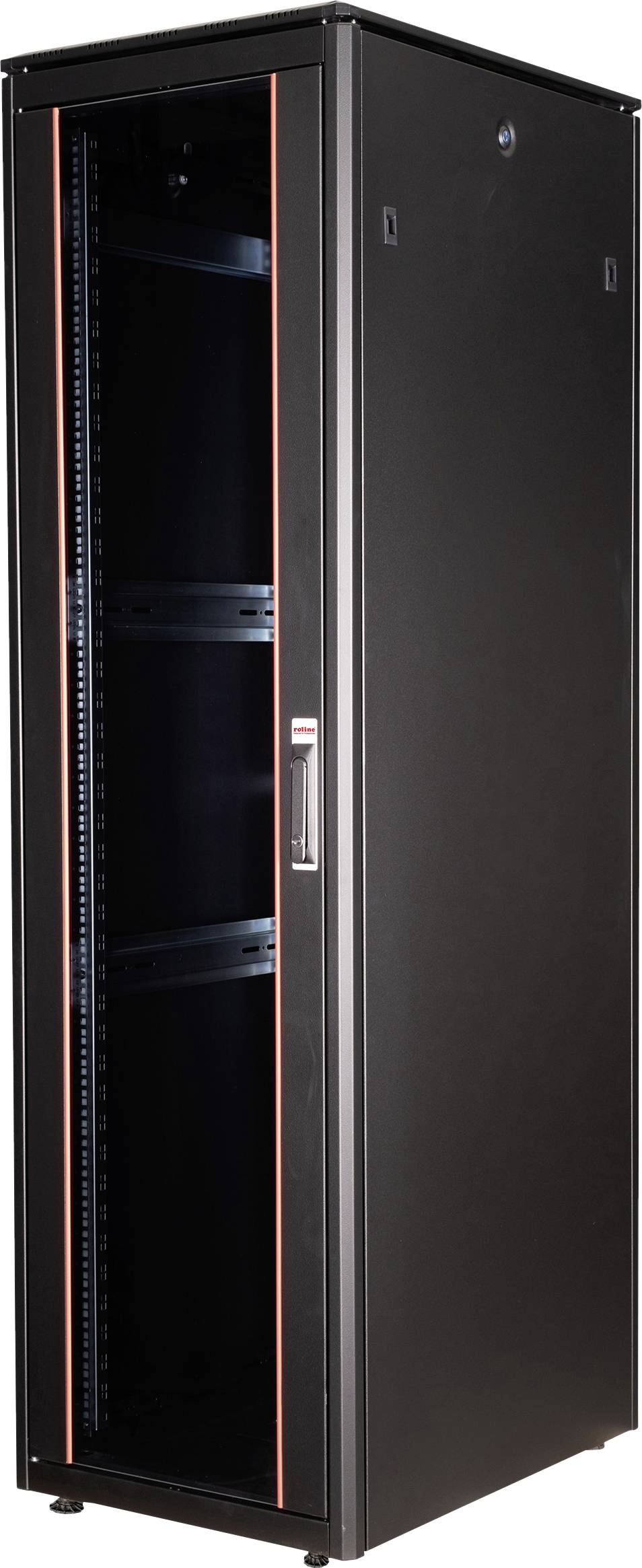 Ein schwarzer Server-Rack-Schrank mit einer Glastür und roten Akzenten, geeignet zur Lagerung von IT-Geräten in Rechenzentren.