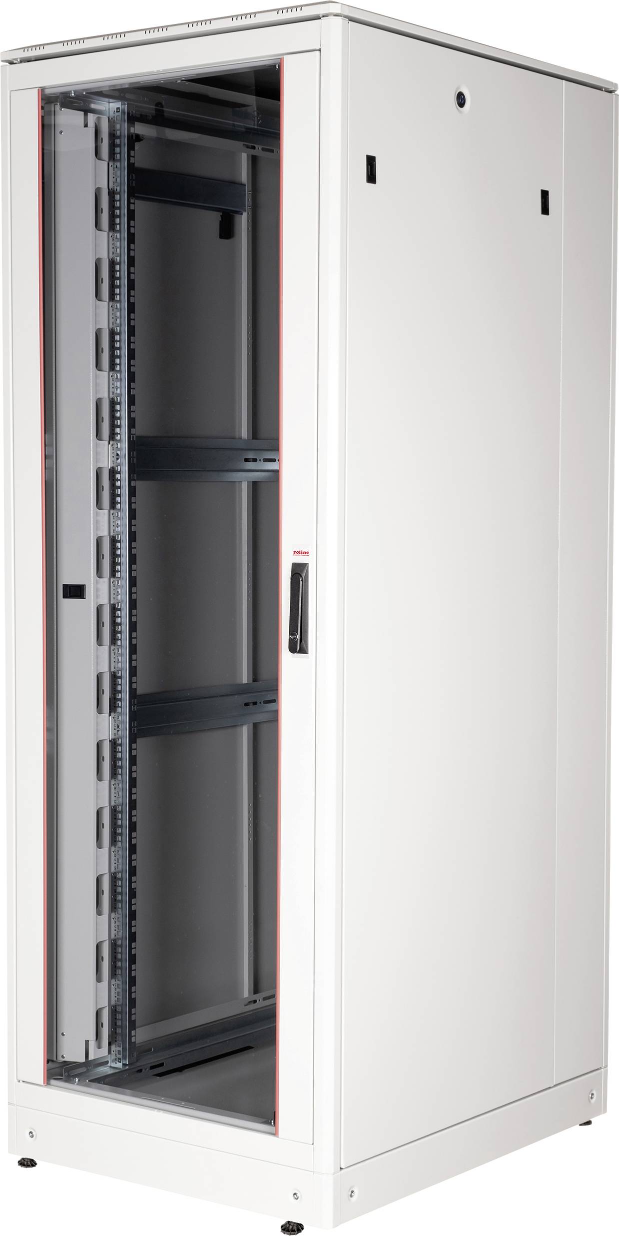 Ein großer, leerer Serversatz-Schrank mit Glastür und Metallrahmen. Geeignet für die Montage von IT- und Netzwerkgeräten.