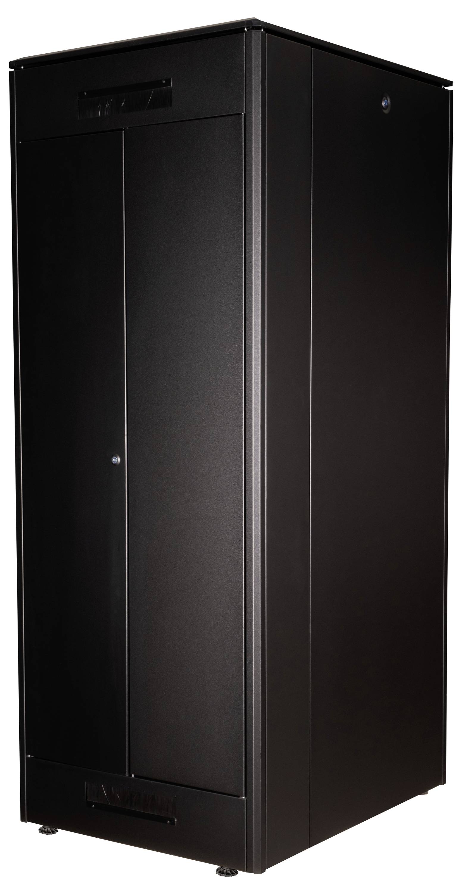 Ein schwarzer, rechteckiger Schrank mit zwei Türen. Der Schrank ist groß und steht auf einem flachen Boden.