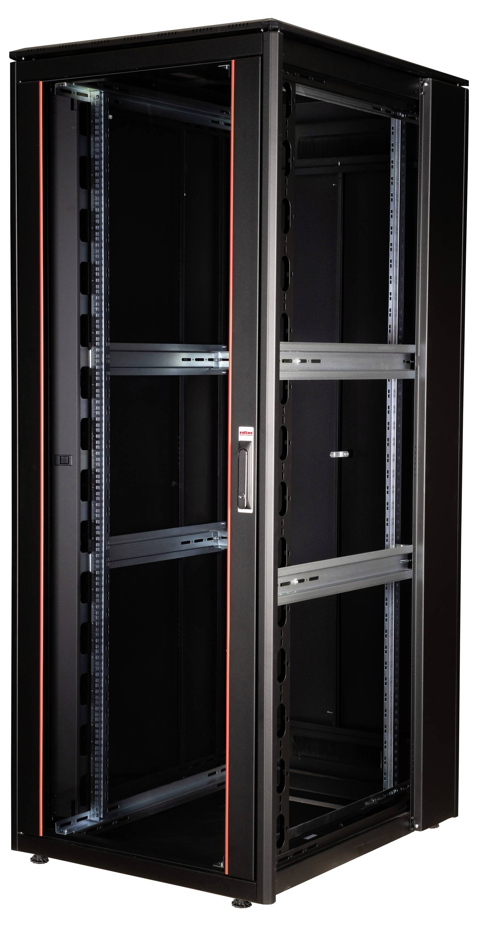 Ein schwarzer Server-Rack-Schrank mit Glastür und seitlichen roten Streifen. Ideal für die Aufbewahrung von IT-Geräten und Servern.