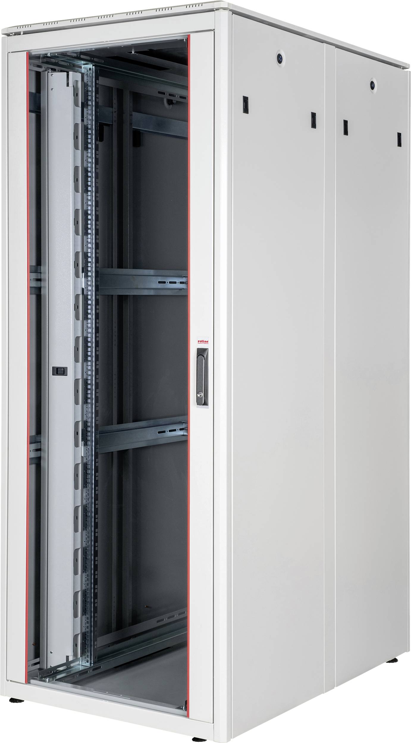 Ein weißer Netzwerkschrank mit verglaster Fronttür und mehreren Regaleinschüben, geeignet für die Unterbringung von Servern und Netzwerkgeräten.