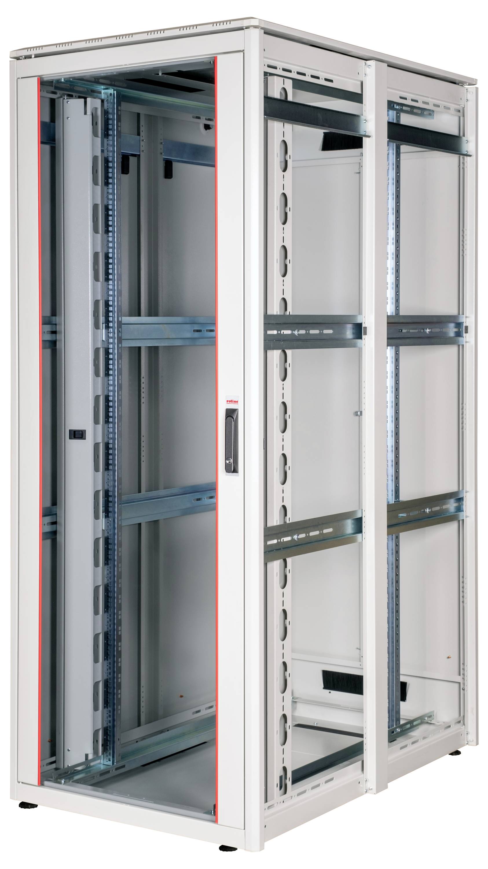 Ein offener Server-Rack-Schrank aus Metall mit mehreren vertikalen Streben und Glastüren, geeignet zur Aufnahme von IT-Ausrüstung.