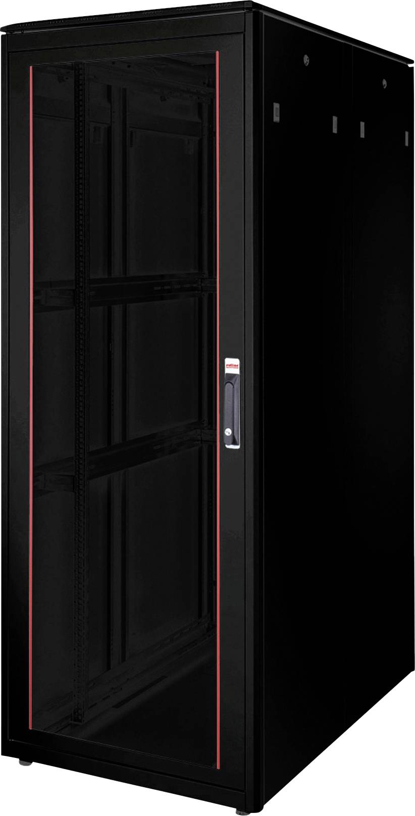 Ein schwarzer Server-Schrank mit Glastür und roten Akzenten steht in einem technischen Raum. Geeignet zur Unterbringung von IT-Ausrüstung.