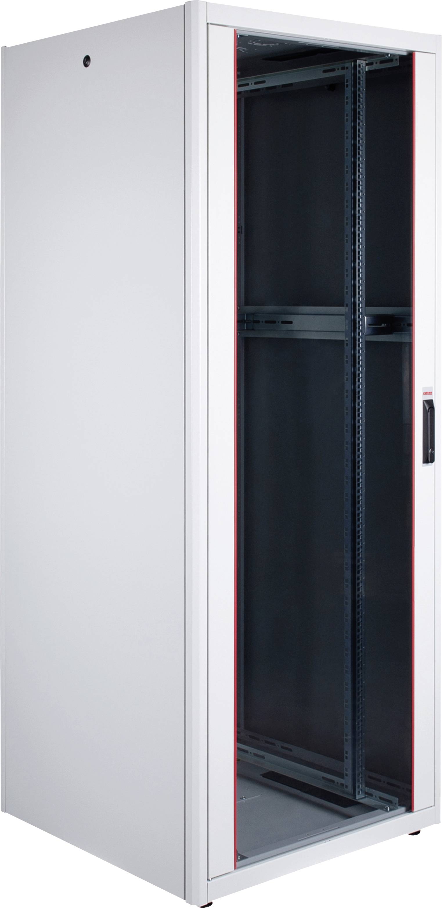 Ein leeres, weißes Server-Rack-Schrank mit Glastür und Metallrahmen, geeignet zur Installation von IT- und Netzwerkgeräten.