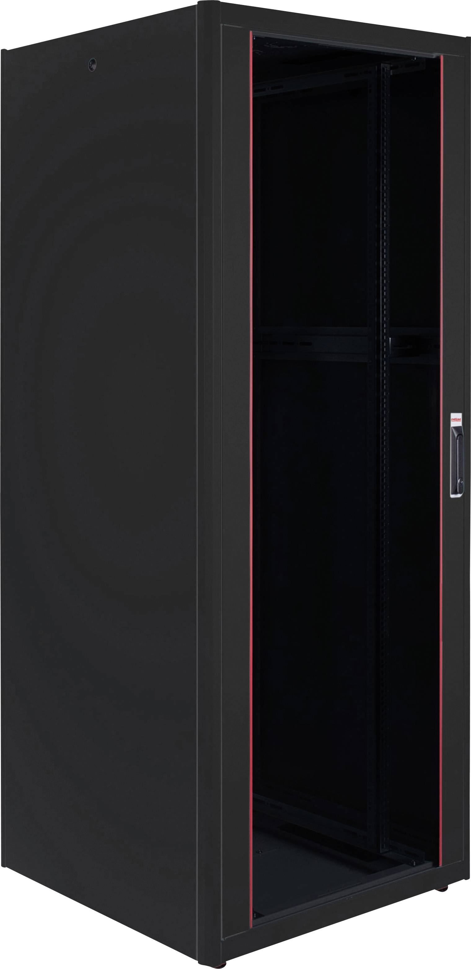 Schwarzes, vertikales Server-Rack mit rotem Rand, geeignet für die sichere Aufbewahrung und Organisation von Netzwerk- und IT-Geräten.