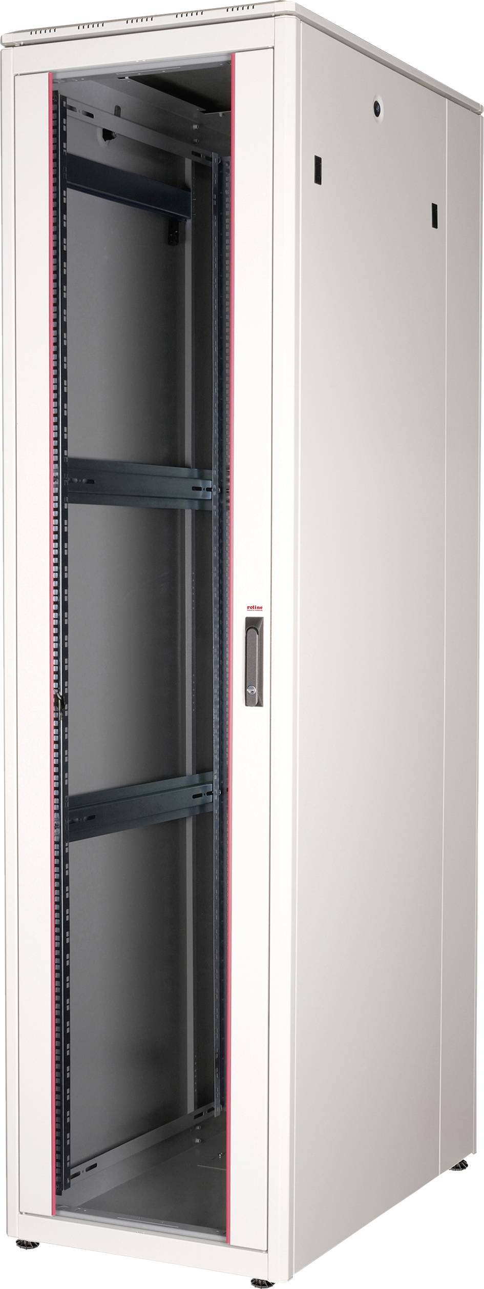 Weißer Computerschrank mit offener Frontansicht, keine Geräte installiert, steht auf einem glatten Boden.