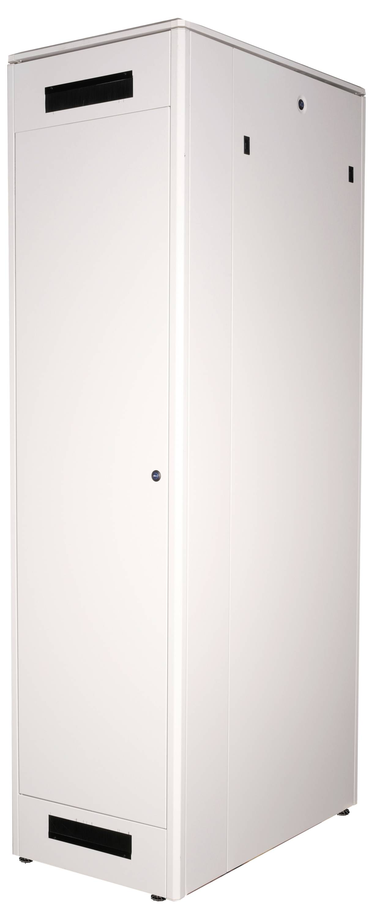 Ein weißer, rechteckiger Server-Rack-Schrank mit geschlossener Frontansicht, geeignet zur Aufbewahrung von IT-Geräten in Rechenzentren.