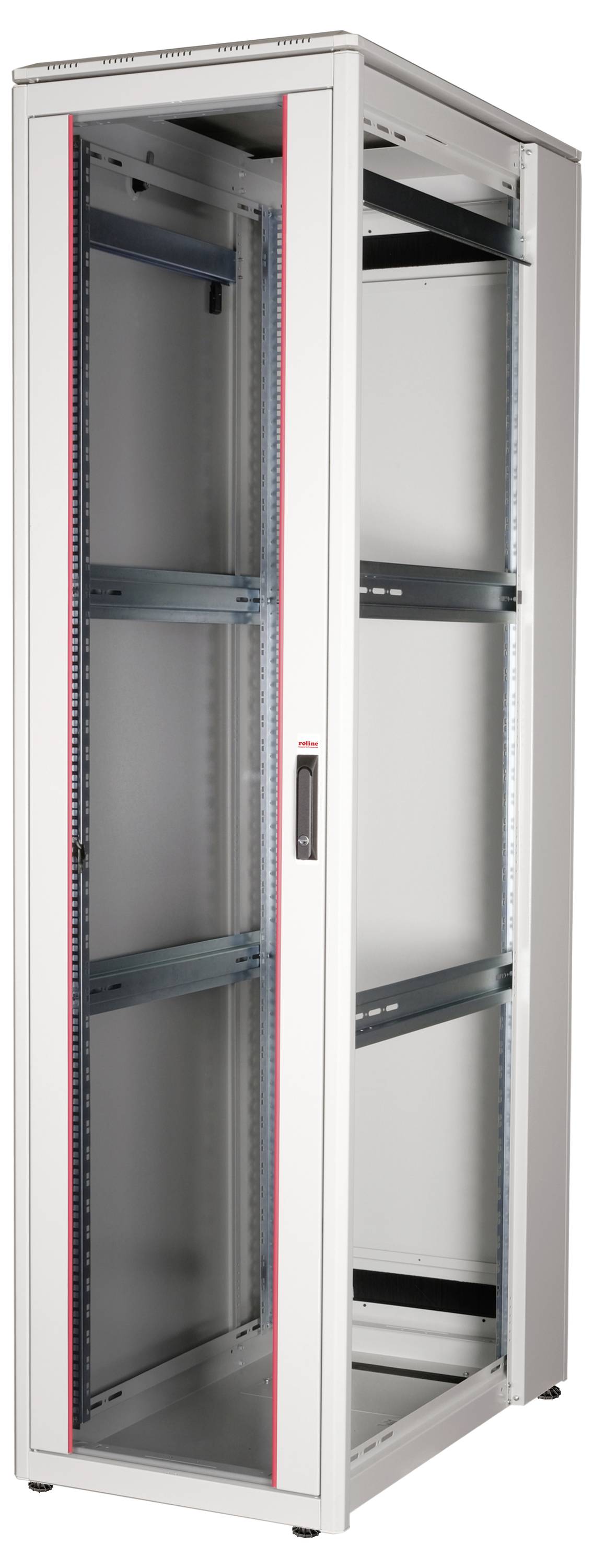 Grauer Server-Rack mit Glastür, geeignet zur Unterbringung von IT-Ausrüstung in einem Rechenzentrum oder Büro.