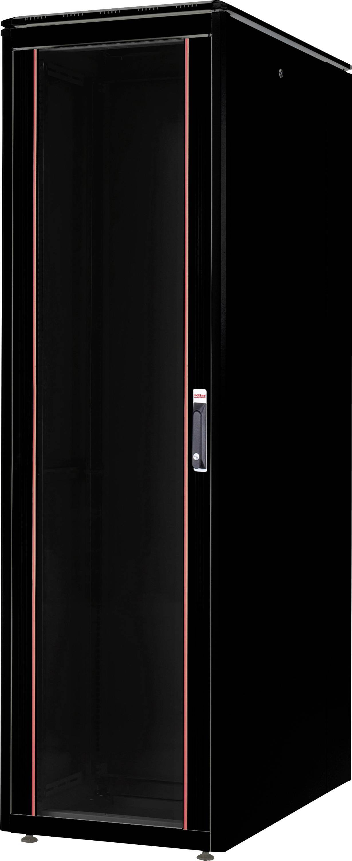 Ein schwarzer Server-Schrank mit Glastür, rot umrandet, steht isoliert.