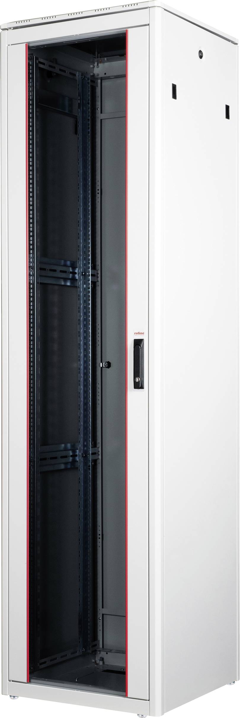 Ein leerer, weißer Serverschrank steht aufrecht. Er hat eine Glastür mit einem schwarzen Rahmen und roten Akzenten.