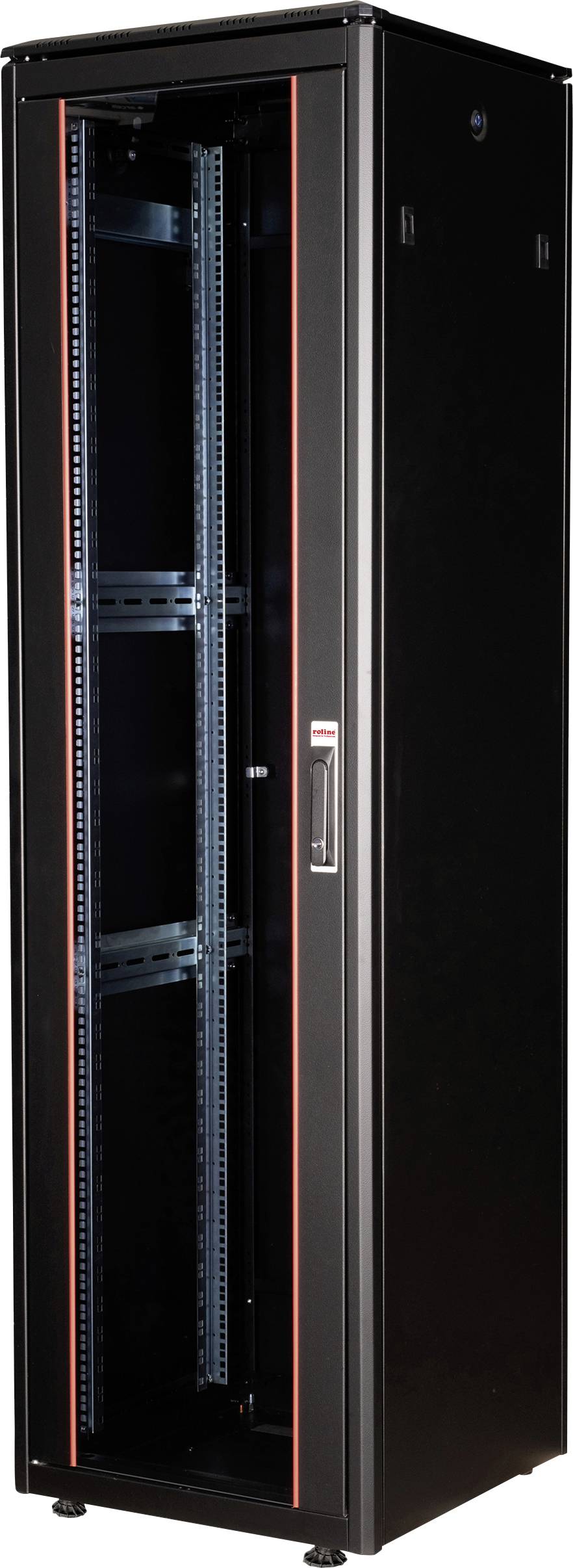 Schwarzes Server-Rack mit geöffnetem Vorderteil, zeigt leere Schienen zur Montage von IT-Geräten. Geeignet für Rechenzentren oder IT-Räume.