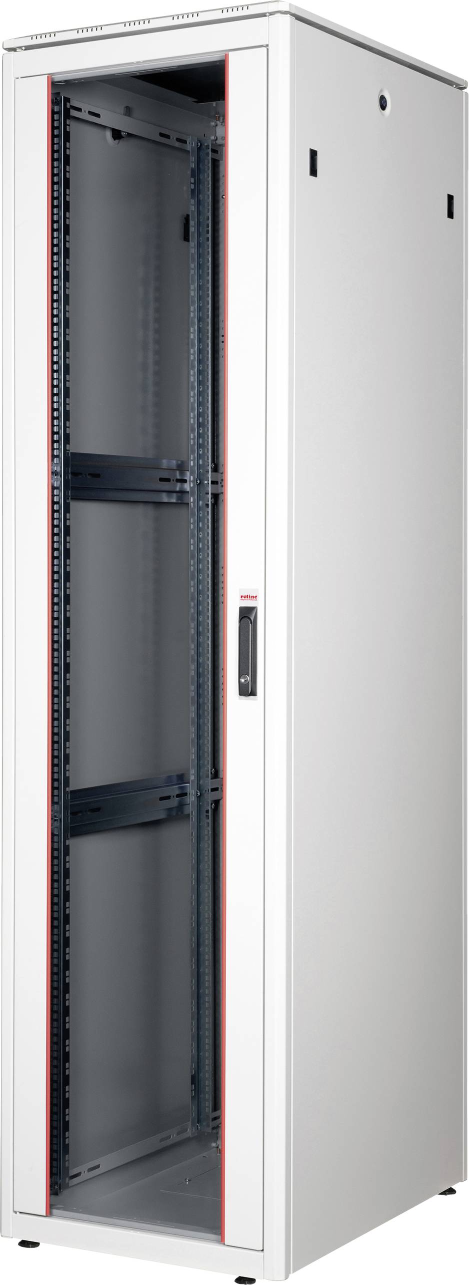 Ein leerer, stehender Server-Rack-Schrank aus Metall mit Glastür und seitlichen Lüftungsschlitzen, geeignet für IT-Hardware.