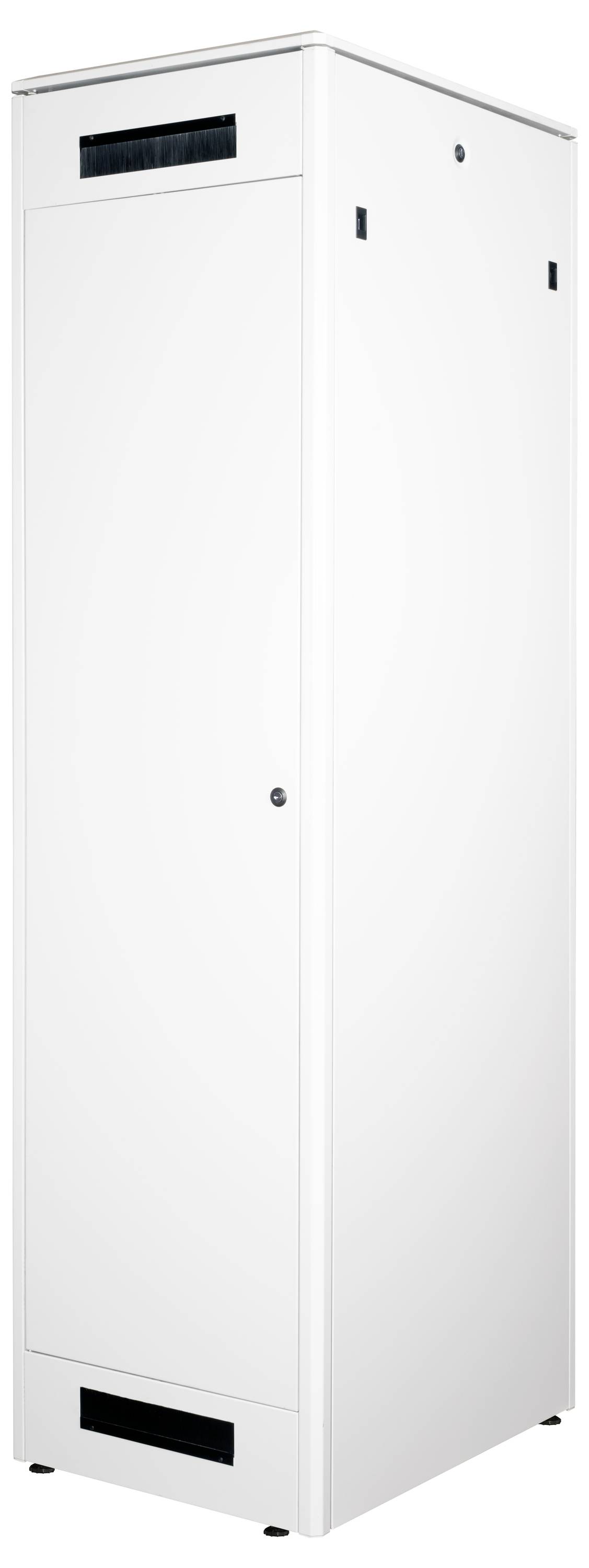 Weißer, rechteckiger Metallschrank mit Belüftungsöffnungen oben und unten.