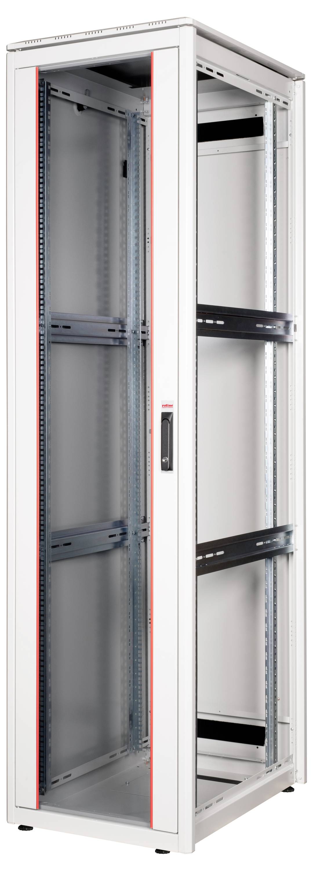 Server-Rack mit Metallrahmen und Glasfront, geeignet zur Lagerung von IT-Ausrüstung. Ideal für Netzwerk- und Serverumgebungen.