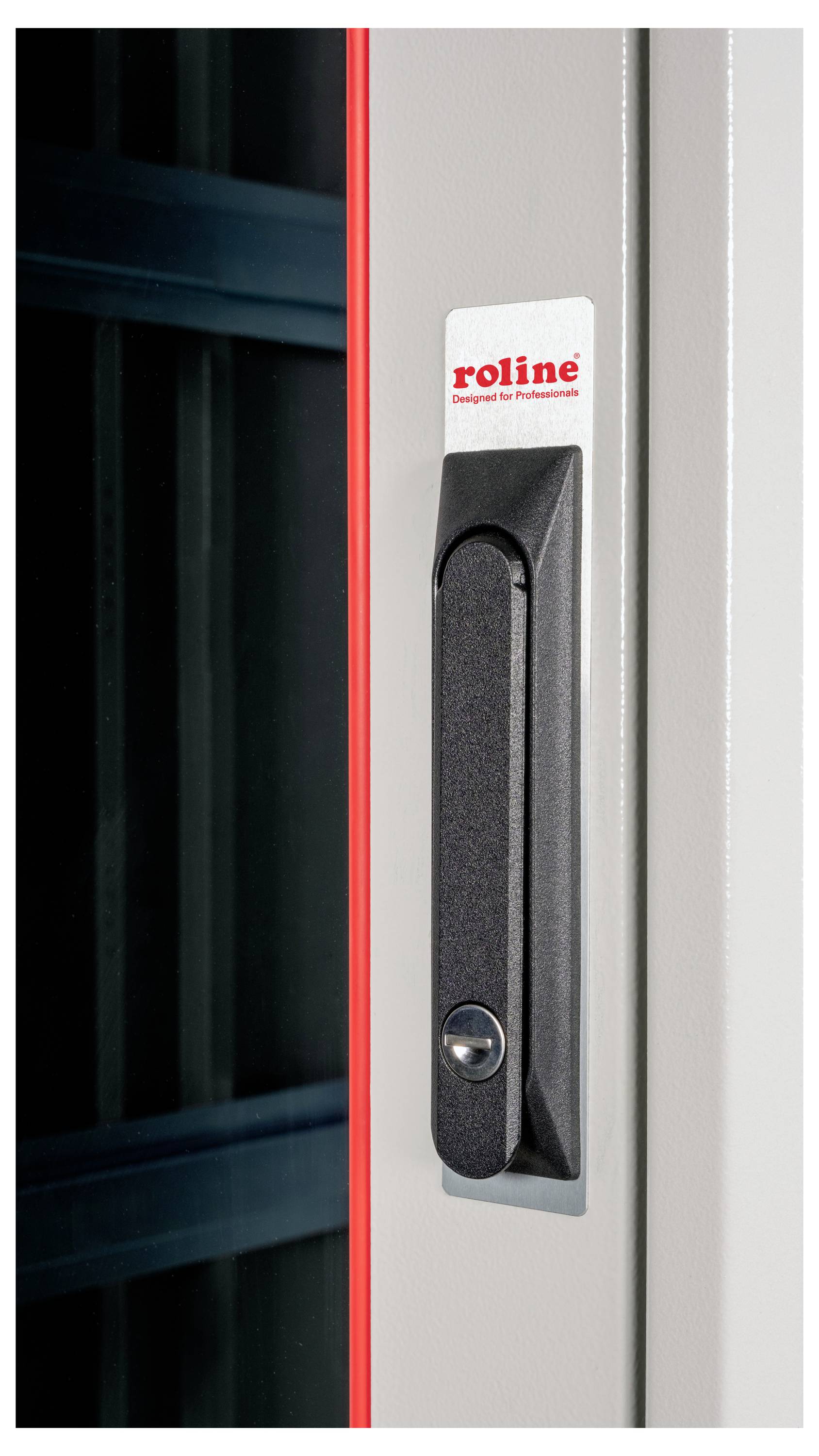 Türgriff eines grauen Schranks mit dem Logo 'roline' in der oberen Ecke. Der Griff ist schwarz mit silbernem Schloss.