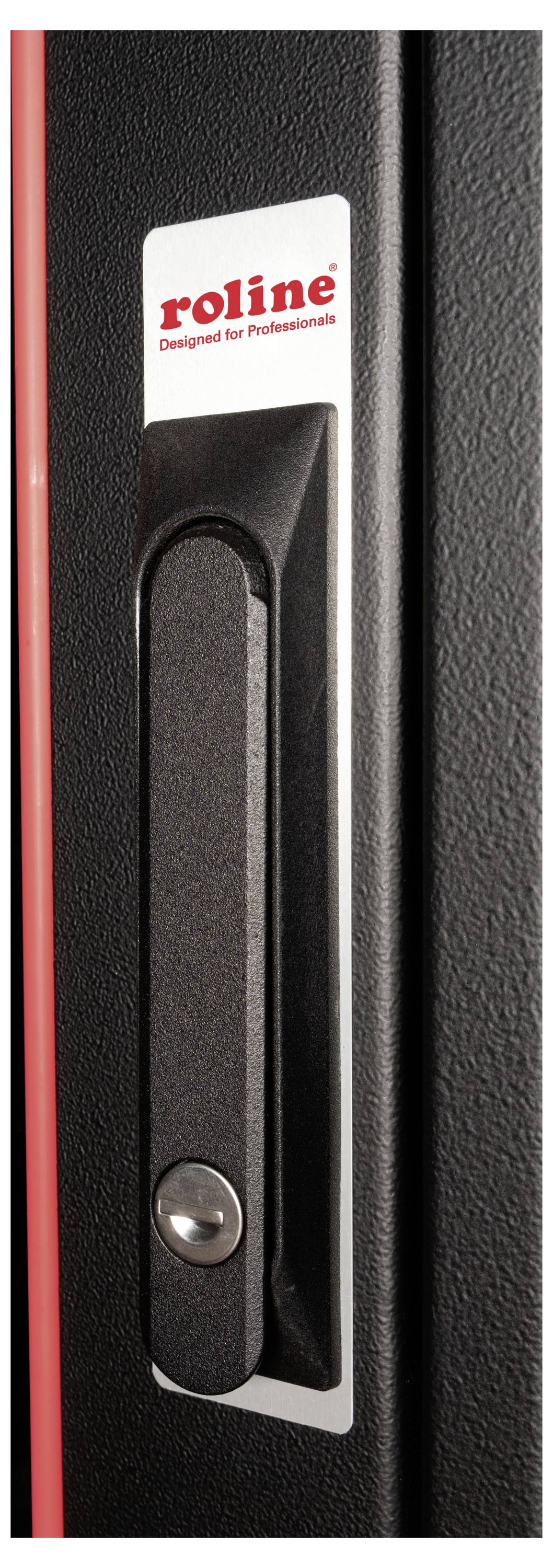 Schwarz-roter Schrankgriff mit der Aufschrift 'roline Designed for Professionals'.