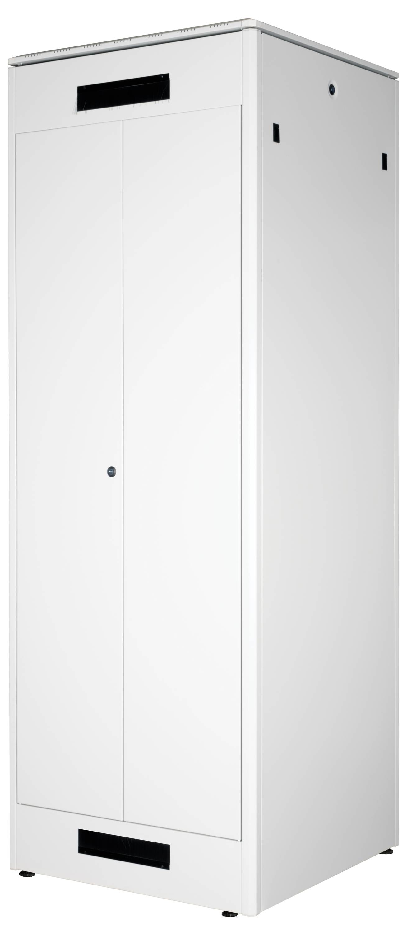 Weißer, rechteckiger Metallschrank mit zwei Türen und Lüftungsschlitzen an Ober- und Unterseite. Geeignet zur Aufbewahrung.