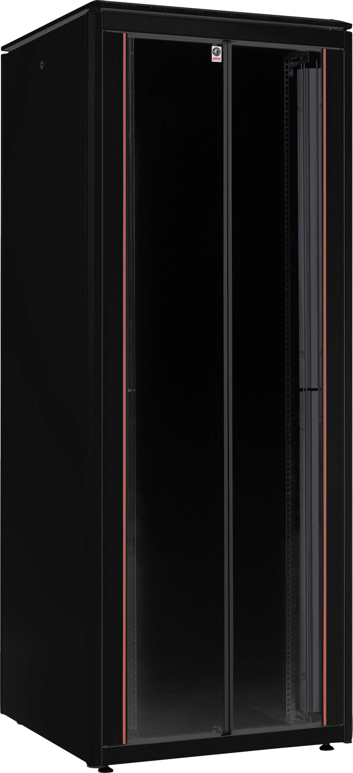 Schwarzer Server-Schrank mit transparenten Türen und roten Streifen, genutzt zur Aufbewahrung von IT-Ausrüstung und Servern.