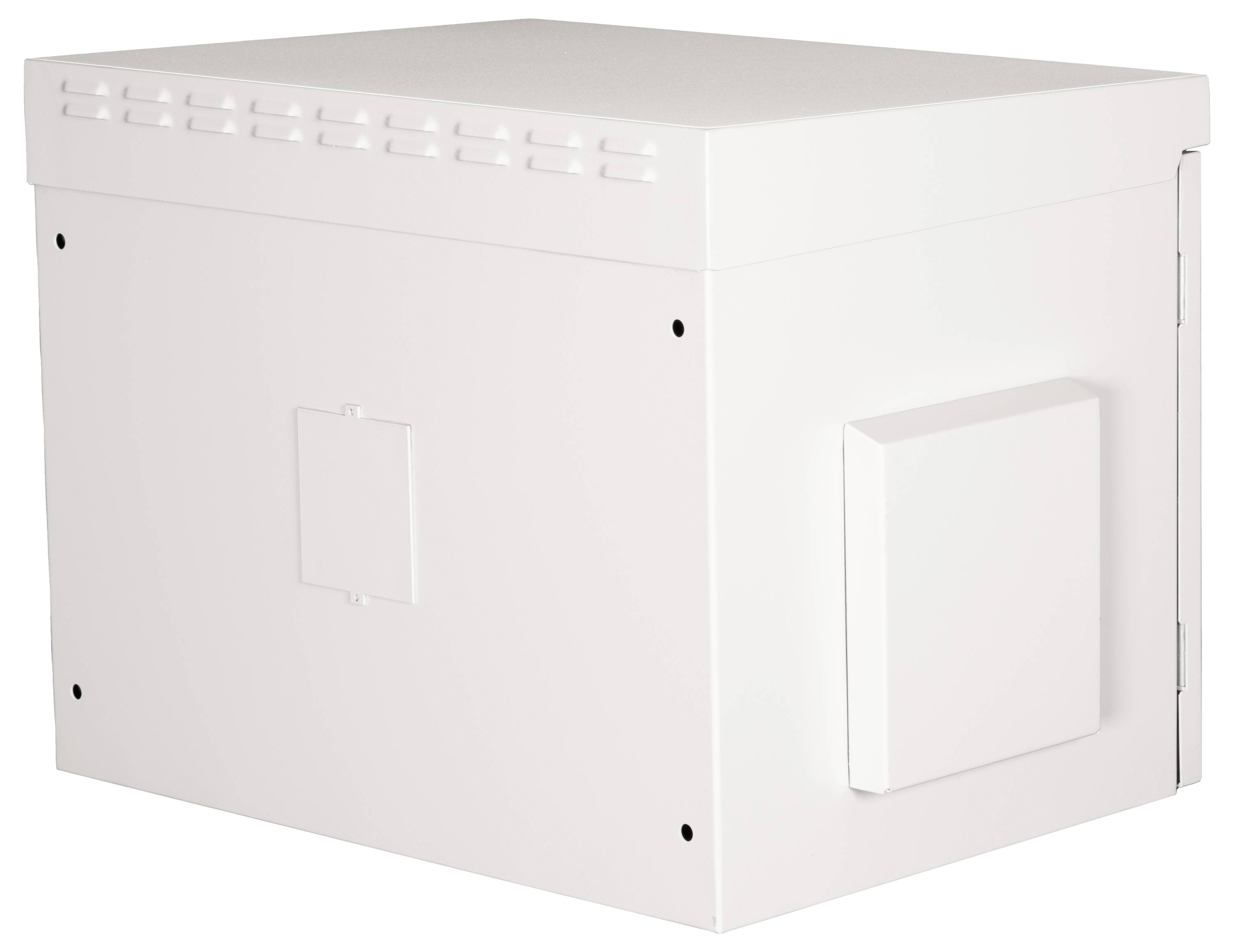 Weiße Metallschutzbox mit Lüftungsschlitzen und seitlicher Klappe. Geeignet zur Sicherung und Abschirmung von Geräten.