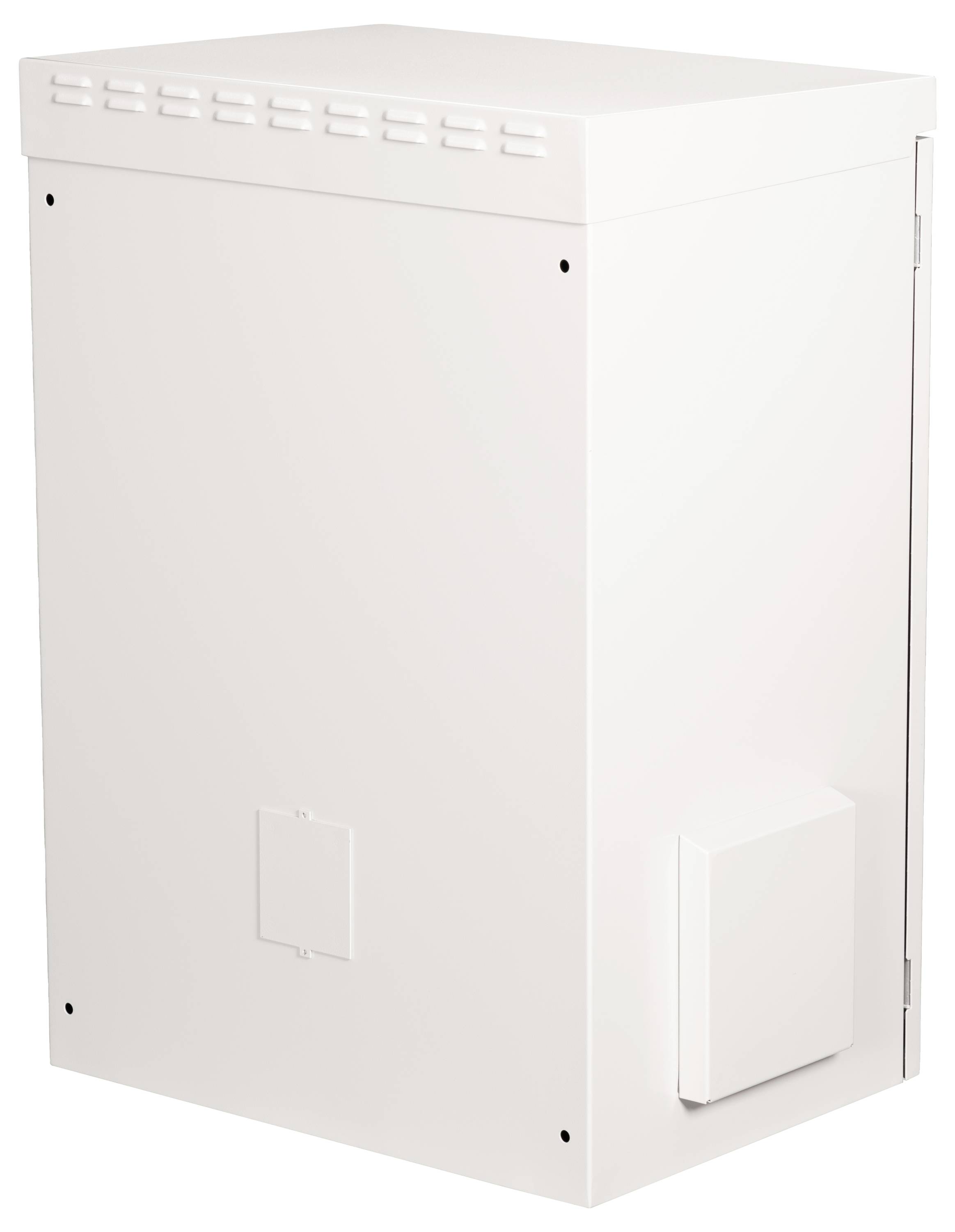 Ein weißer, rechteckiger Kasten, möglicherweise ein elektrischer Verteilerkasten, mit Lüftungsschlitzen oben und einer Klappe an der Seite.