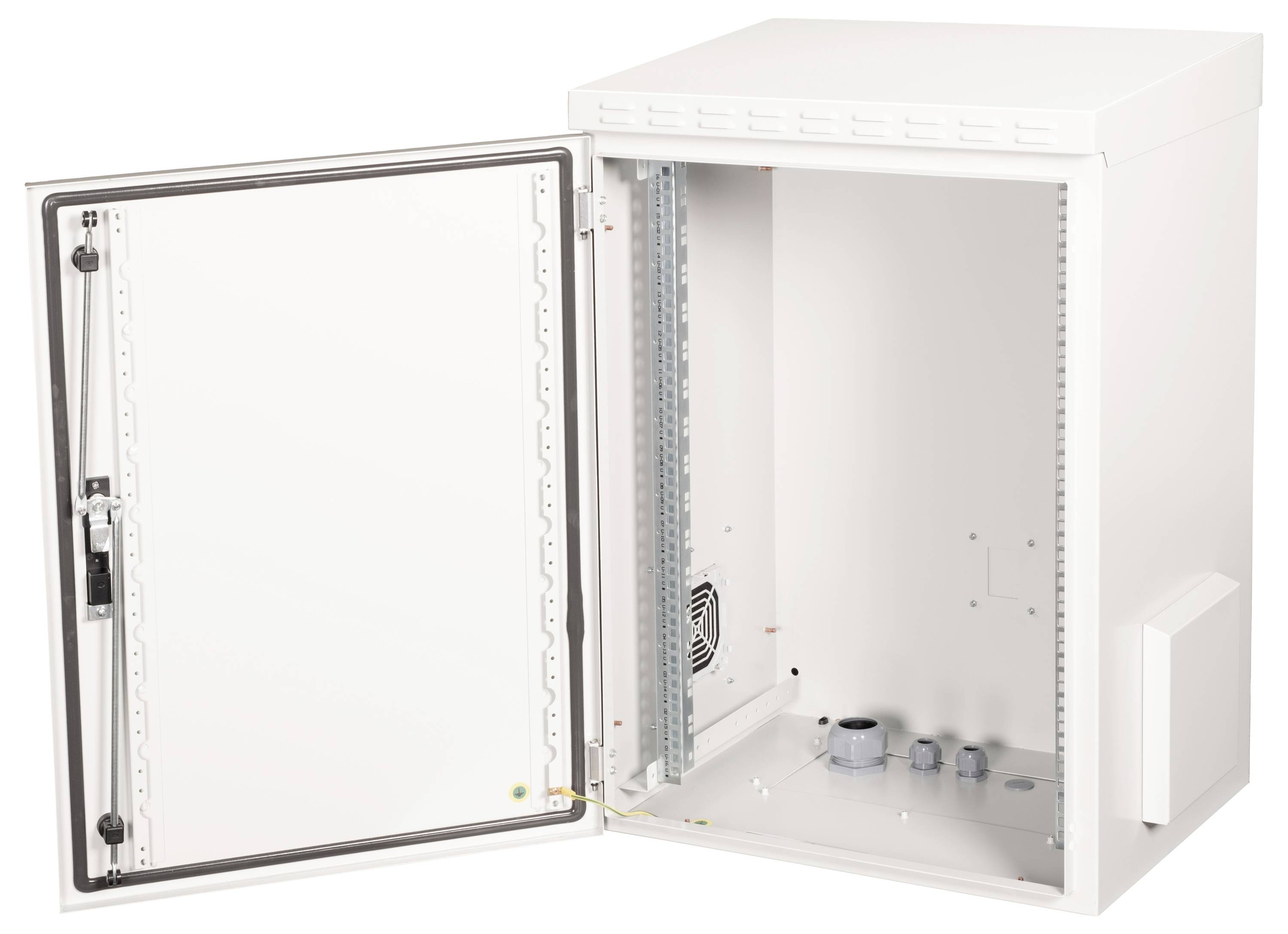 Weißer Wandgehäuseschrank mit geöffneter Tür, zeigt mehrere Innenschlitze und ein gestanztes Loch, geeignet für Elektronik.