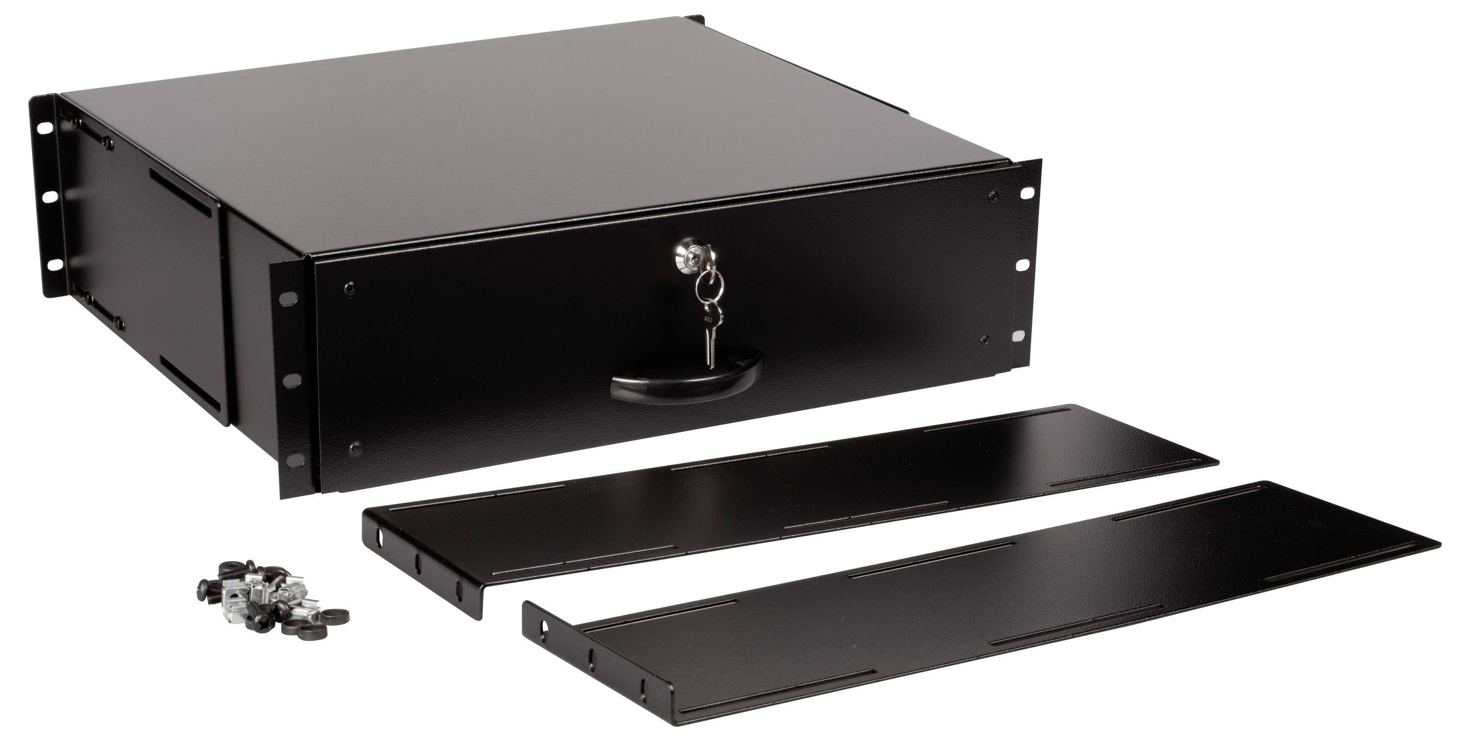 Schwarze abschließbare Rack-Schublade aus Metall mit Griff, neben kleinen Metallteilen und zwei abnehmbaren Frontplatten.