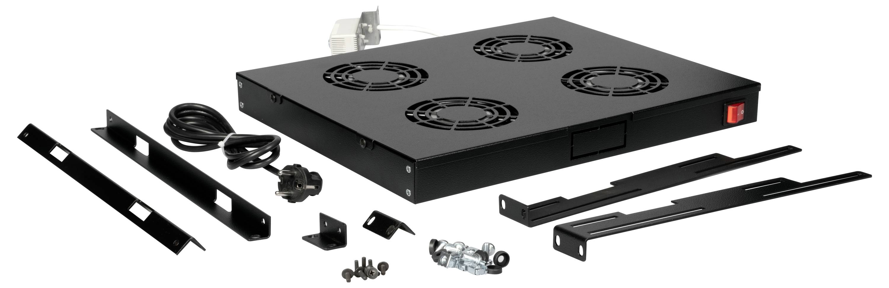 Kühllüfter-Kit mit mehreren Lüftern, Kabeln, Montagewinkeln und Schrauben, geeignet zur Installation in einem Server-Rack.