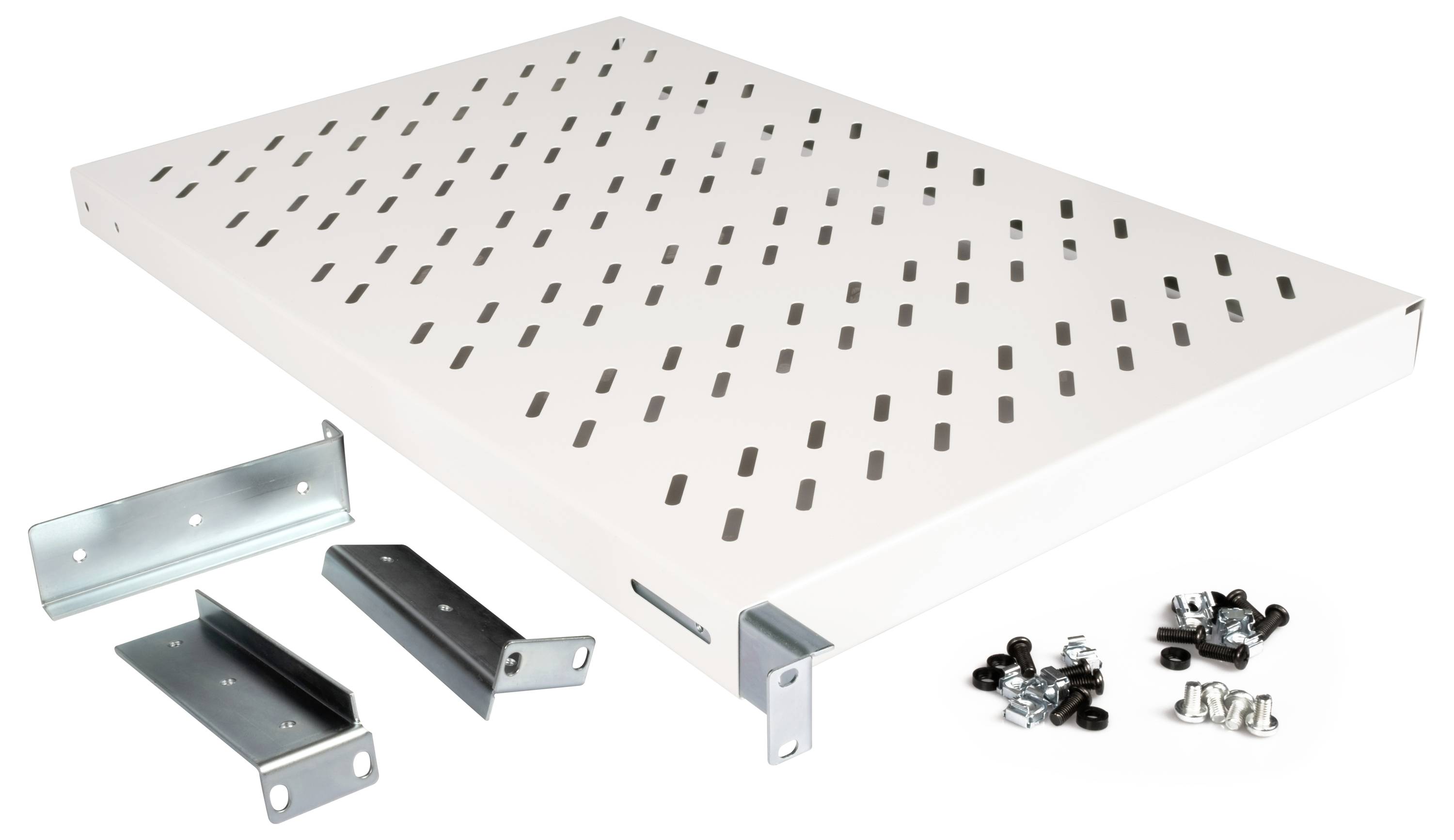 Metallablage mit Schlitzen, inklusive Montagewinkel und Schrauben, für vielseitige Verwendung in Regalen oder Schränken.