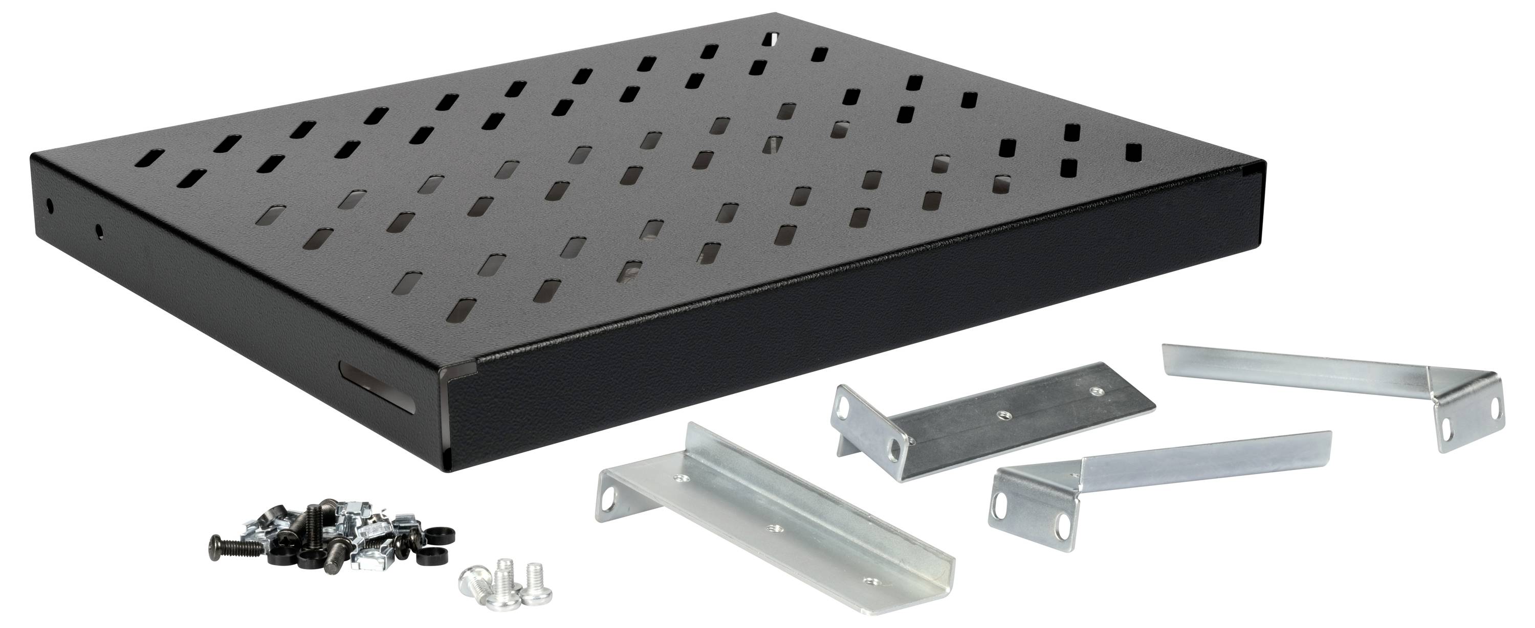 Schwarzes Regal mit belüftetem Design, Montagewinkel und Schrauben zur Wandbefestigung. Geeignet für elektronische Geräte.