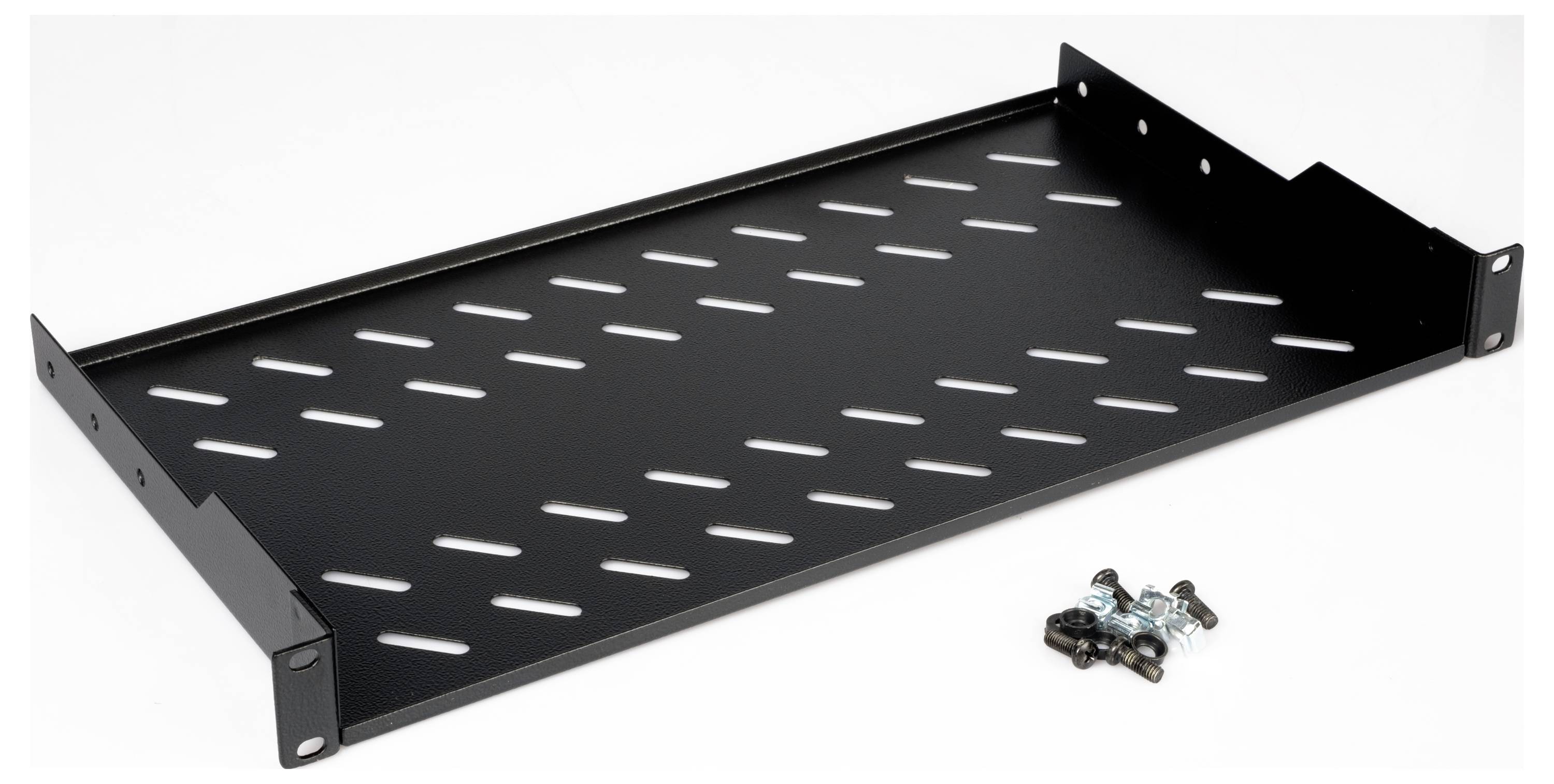 Schwarzes Rack-Montagefach mit Lüftungsschlitzen, liegend mit Montagematerial (Schrauben) daneben. Geeignet für Netzwerkgeräte.