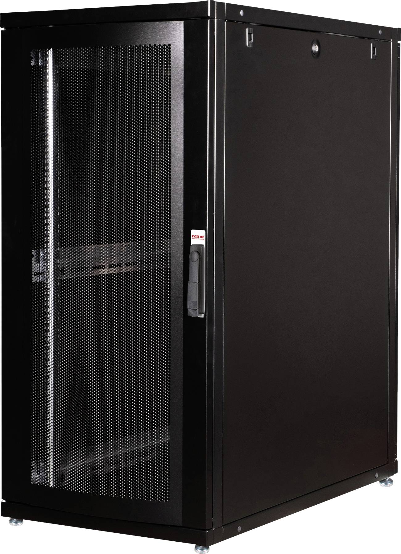 Ein schwarzer Server-Schrank mit Glastür steht aufrecht. Er hat Belüftungsschlitze und einen Griff an der Vorderseite.