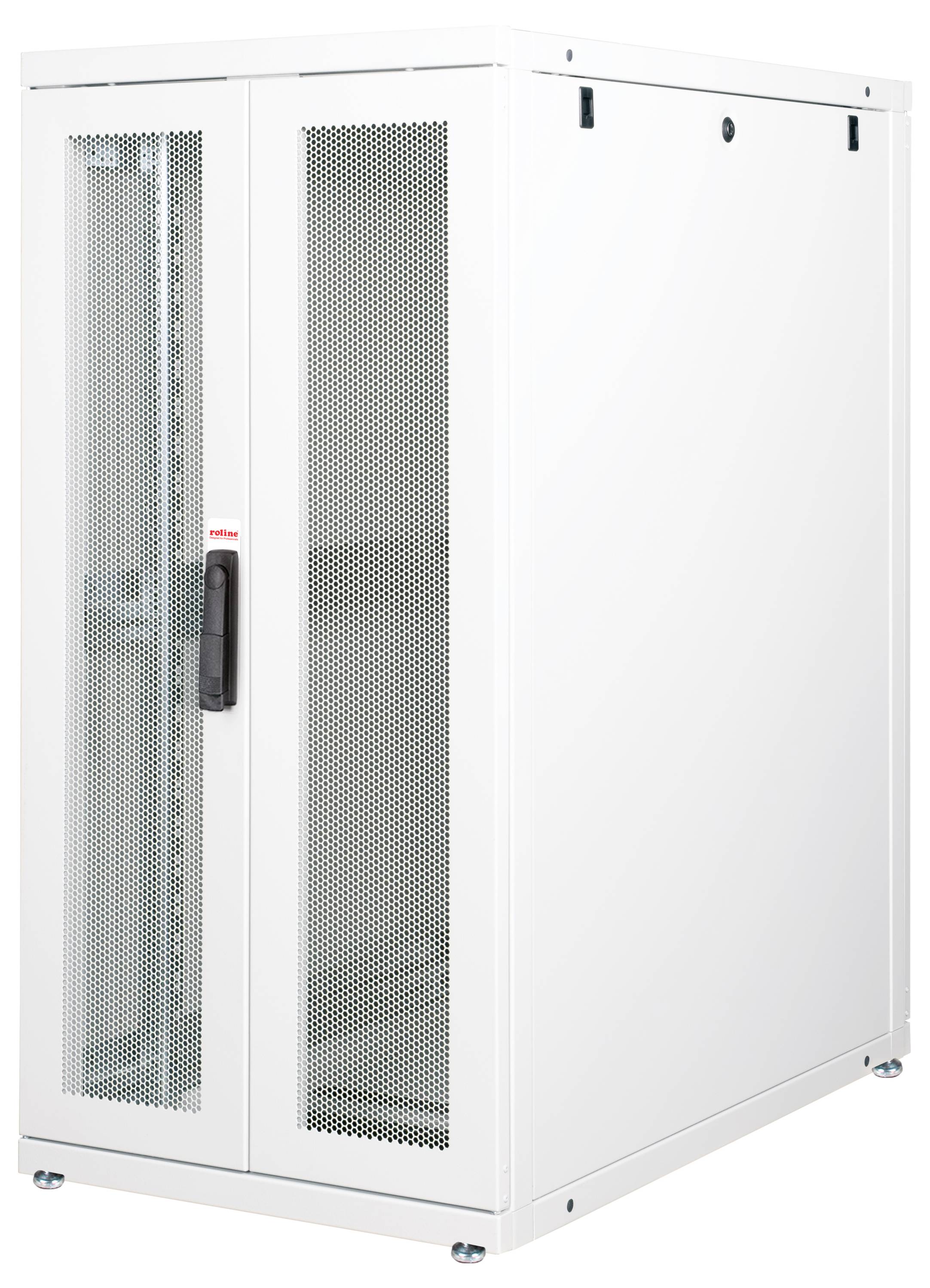 Ein weißer Server-Rack-Schrank mit zwei perforierten Türen für Belüftung. Geeignet zur Aufbewahrung von IT-Geräten in Rechenzentren.