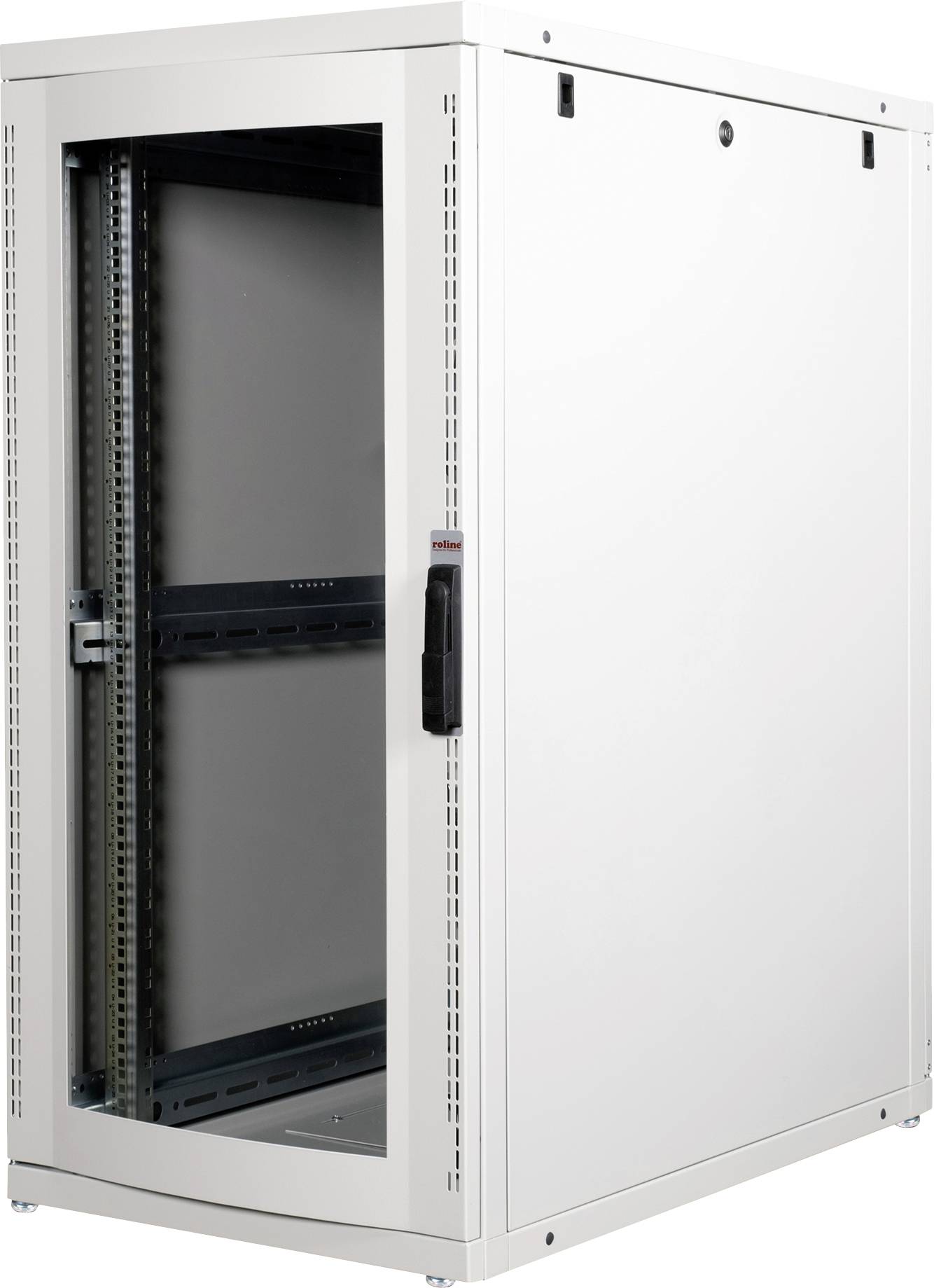 Ein leerer, weißer IT-Rack-Schrank mit Glastür und schwarzem Griff, geeignet zur Aufbewahrung von Server- und Netzwerkausrüstung.