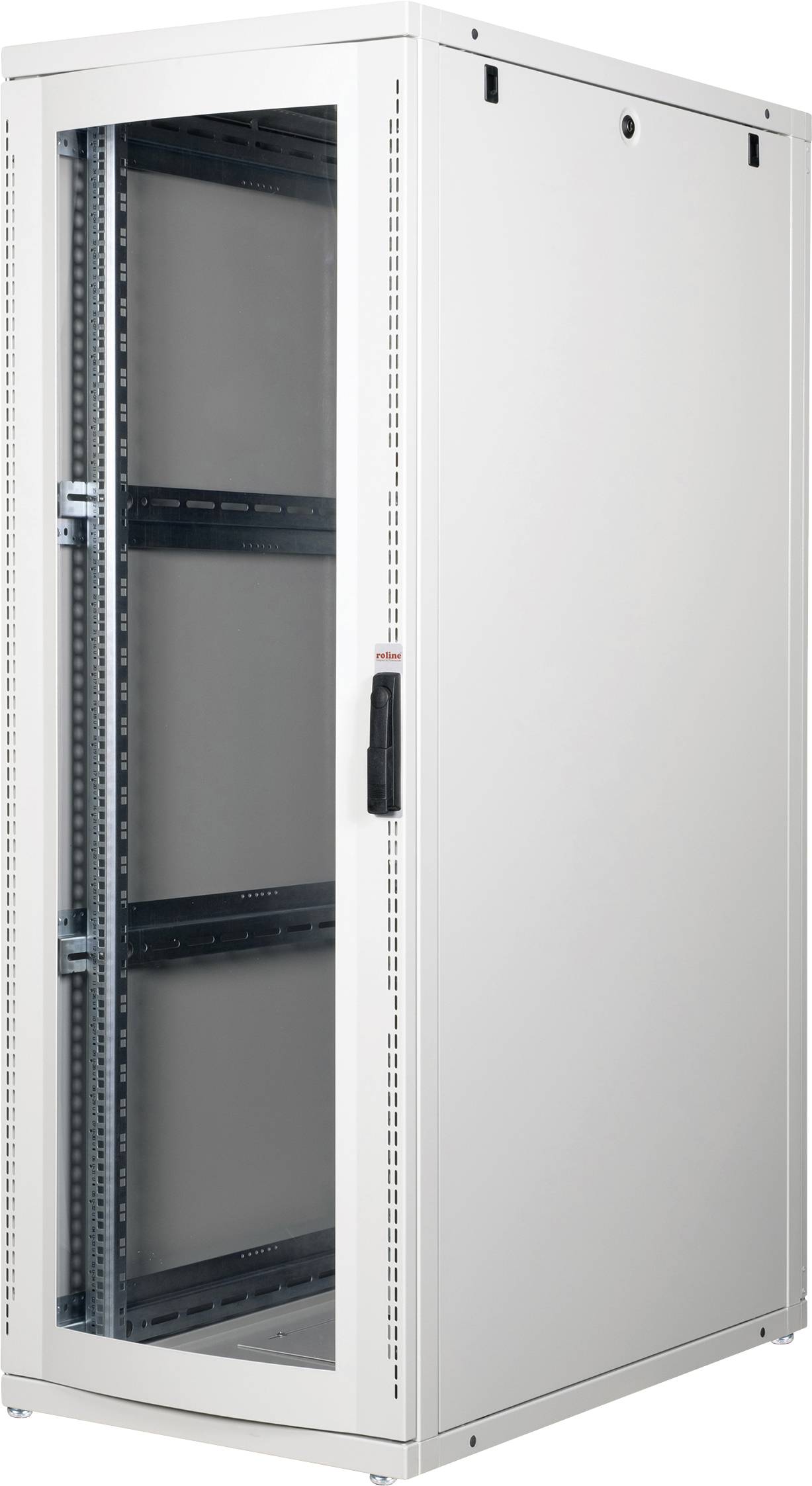 Ein hoher, weißer Serverrack-Schrank mit einer durchsichtigen Fronttür, der leere Einschubslots und eine Metallkonstruktion zur Montage von Geräten zeigt.
