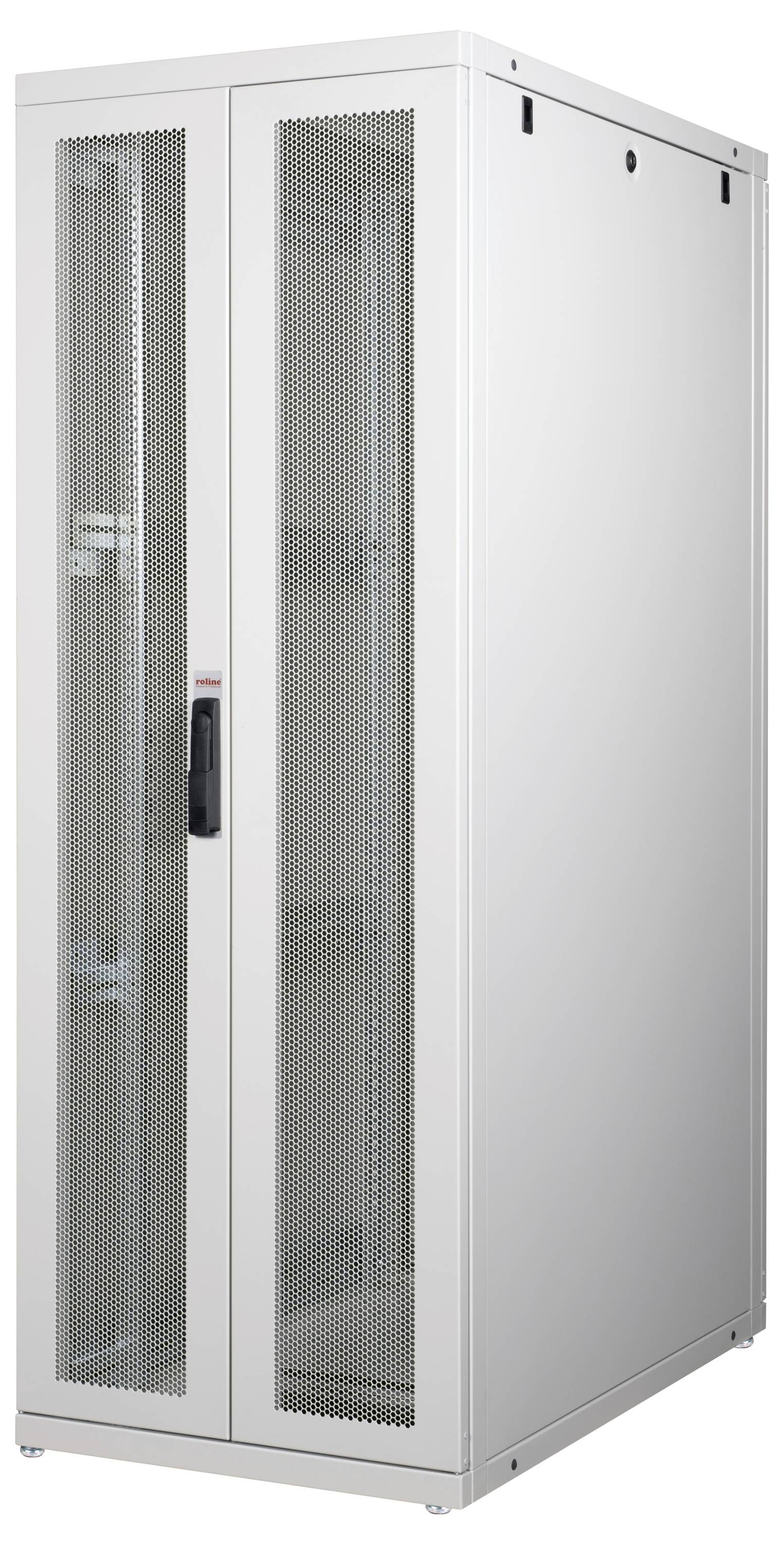 Ein hoher, weißer Serverrack-Schrank mit einer Gittertür zur Belüftung, geeignet zur Unterbringung und Organisation von Computerhardware.