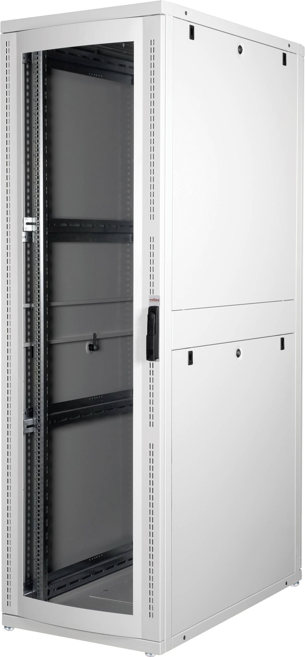 Ein grauer Server-Schrank mit Glastür, teilweise geöffnet, zeigt innenliegende Regale für Netzwerkausrüstung.