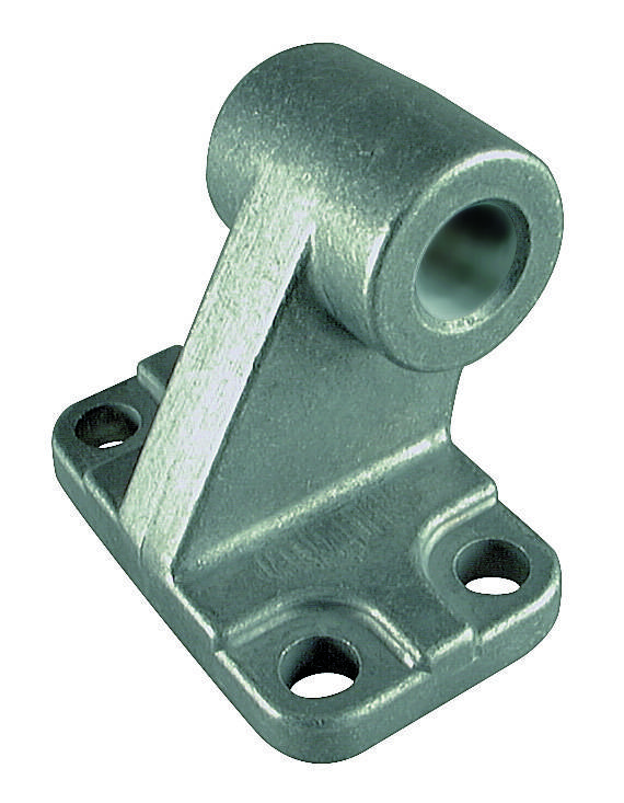 Silberne Halterung aus Metall mit fünf Löchern, darunter zwei an der Basis und eins im hervorstehenden Teil. Verwendet zur Befestigung.