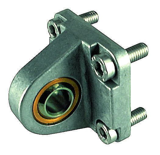 Ein silbernes Metalllagergehäuse mit vier Schrauben und einer kreisförmigen Öffnung in der Mitte, möglicherweise für technische Anwendungen gedacht.