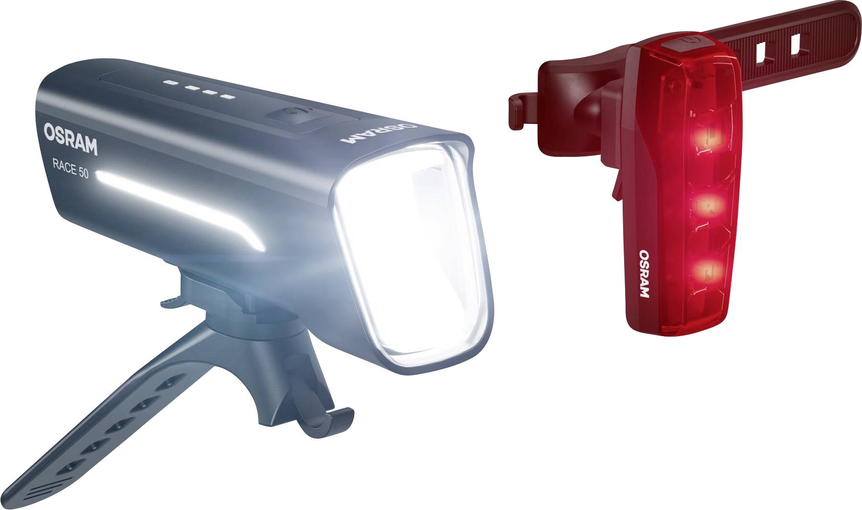 Vorder- und Rückleuchten-Set von Osram für Fahrräder. Die vordere Leuchte ist hellweiß, die hintere hat rote LEDs. Ideal für Sichtbarkeit.