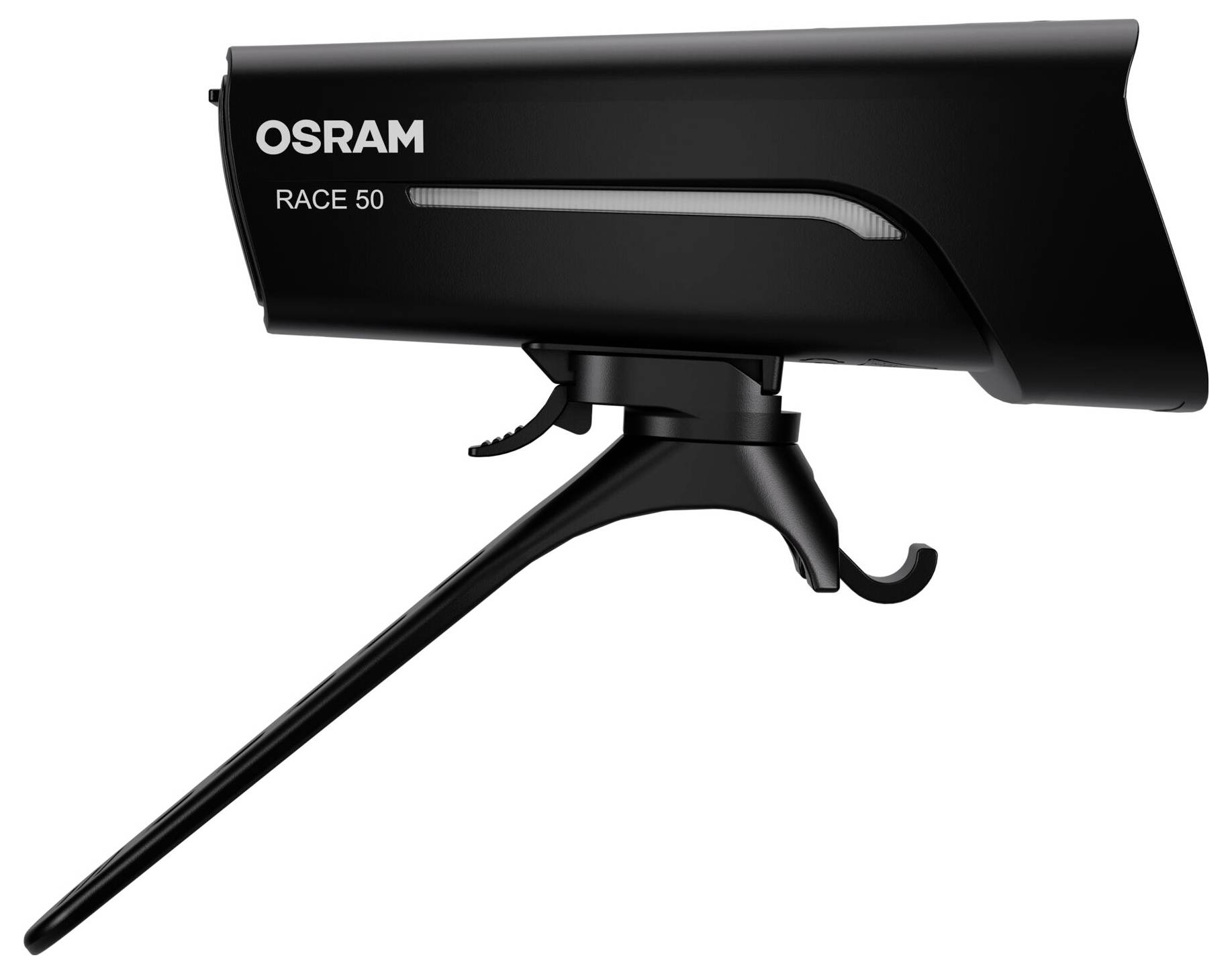 Schwarzes OSRAM RACE 50 Fahrradlicht mit Halterung, für verbesserte Sichtbarkeit bei Fahrten in der Dunkelheit.