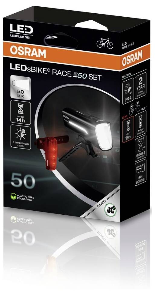 Verpackung einer LED-Fahrradleuchte von OSRAM. Enthält Angaben wie '50 Lux', '2 Jahre Garantie' und Symbole für Wasserschutz.