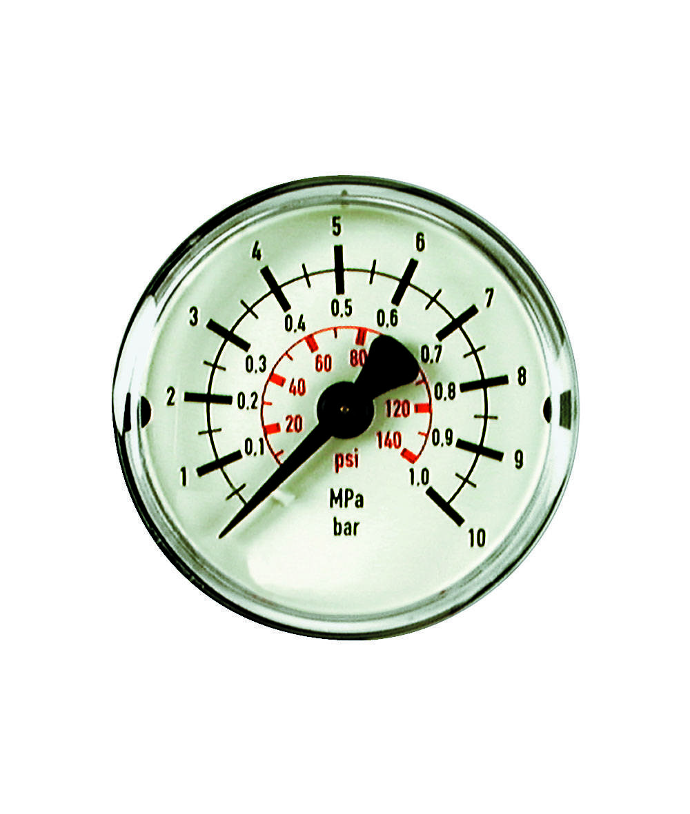 Ein analoges Manometer zeigt Druck in psi, MPa und bar. Der Zeiger steht bei 0,6 MPa, was ungefähr 87 psi oder 6 bar entspricht.