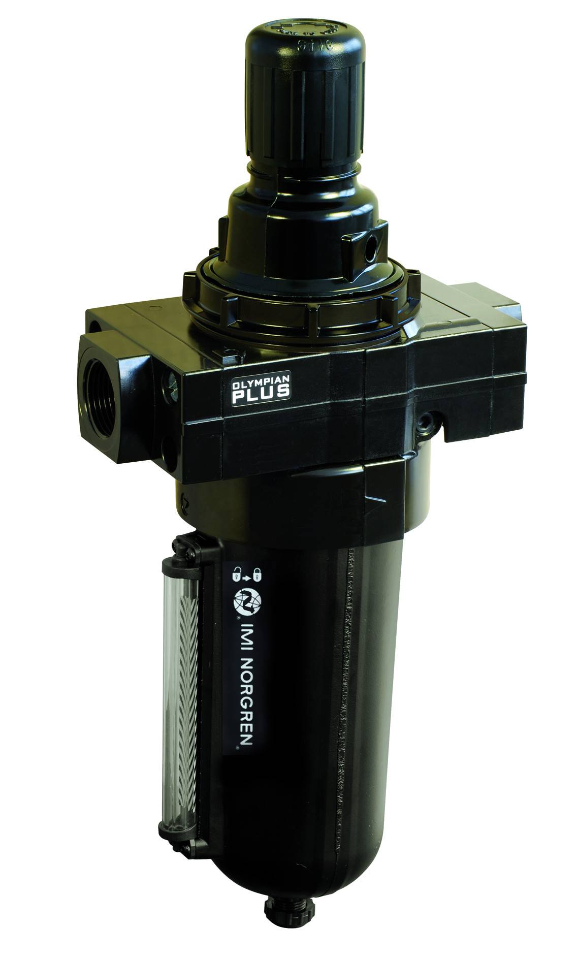 Ein schwarzer pneumatischer Druckregler von Norgren, Modell Olympian Plus, mit Manometer, zur Steuerung des Luftdrucks in Systemen.