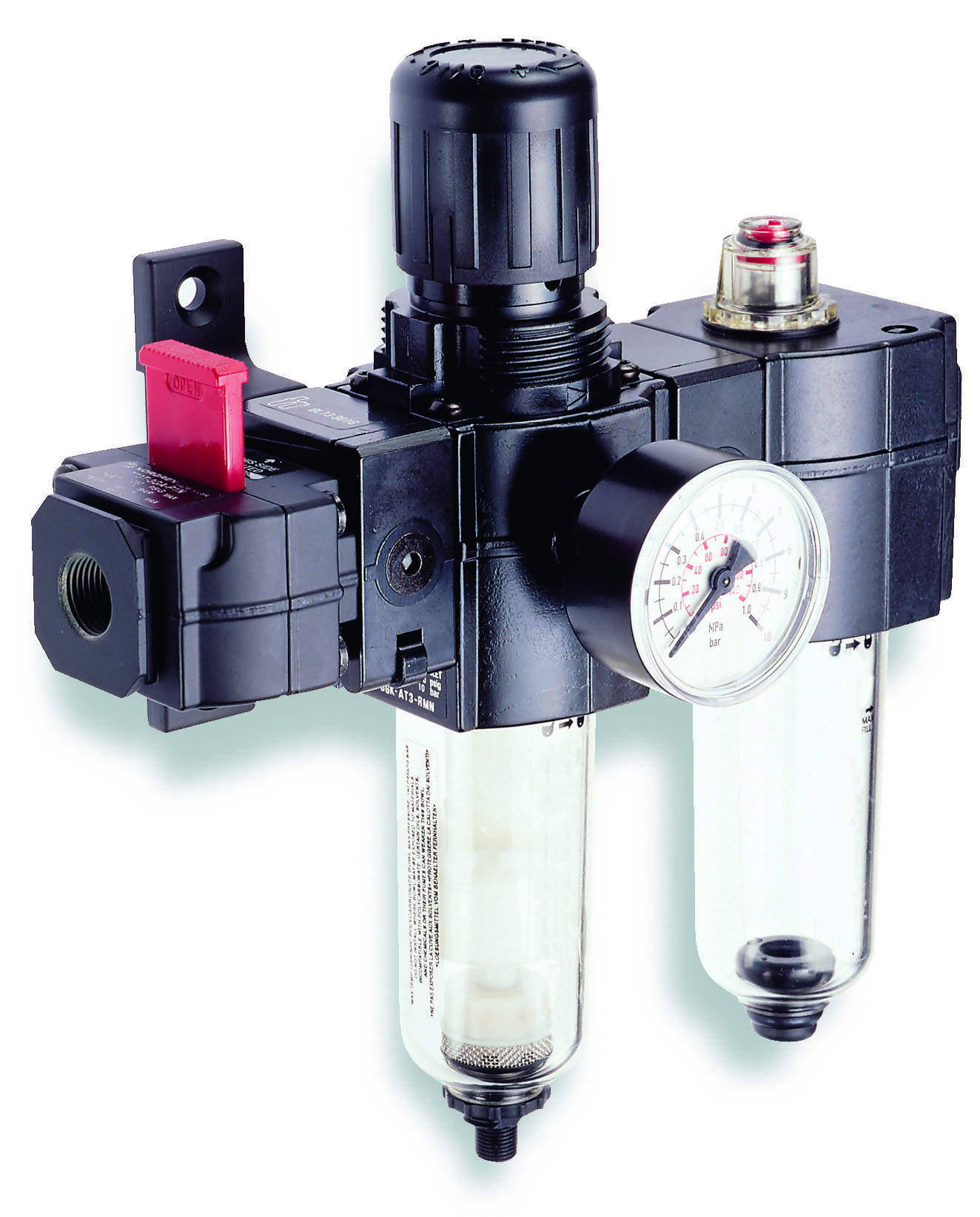 Druckluft-Wartungseinheit mit schwarzem Gehäuse, Druckmanometer, Druckregler und zwei transparenten Wasserabscheidern.