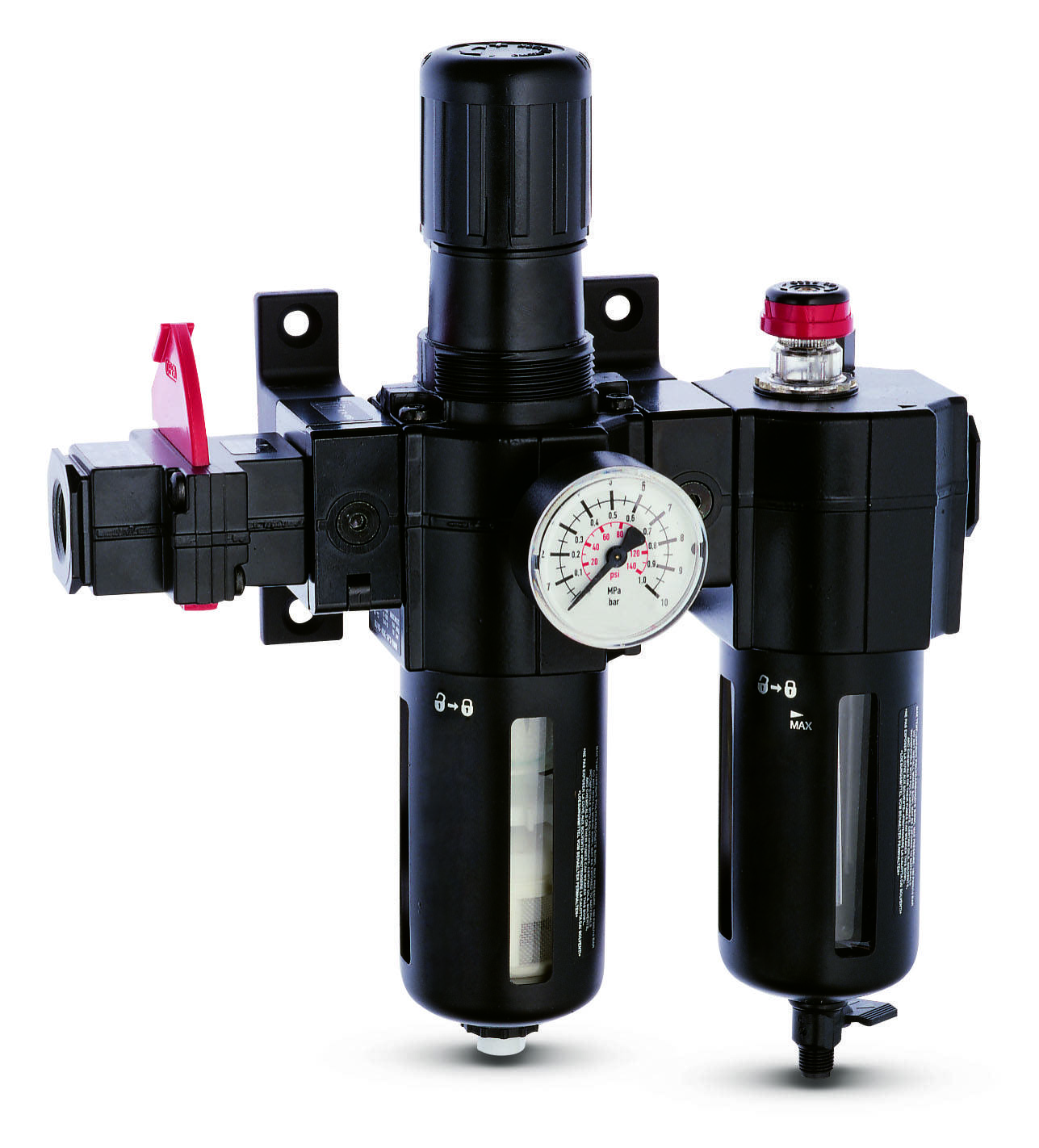 Druckluftregler mit Manometer und zwei Filtern. Zur Steuerung und Reinigung von Druckluft in industriellen Anwendungen.