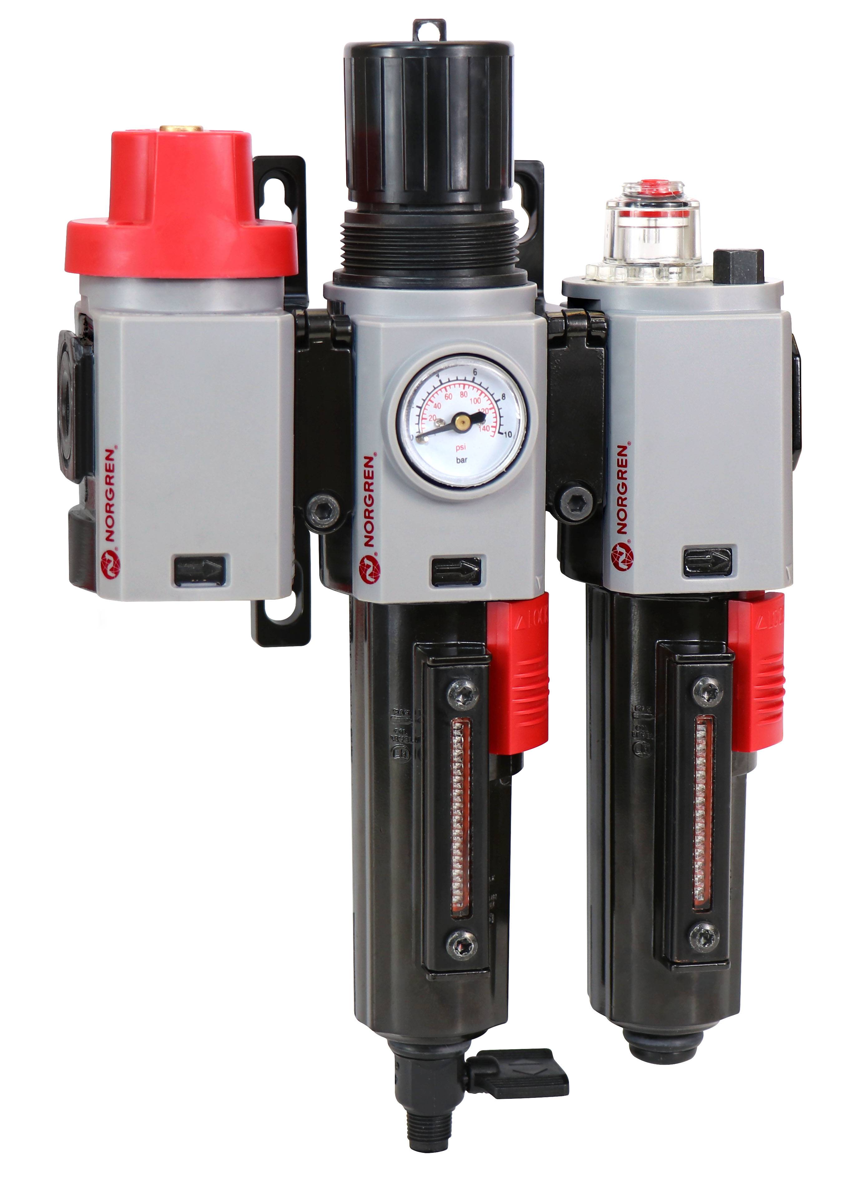 Druckluftaufbereitungseinheit mit Manometer, Druckregler und Filter. Hauptsächlich für industrielle Anwendungen geeignet.