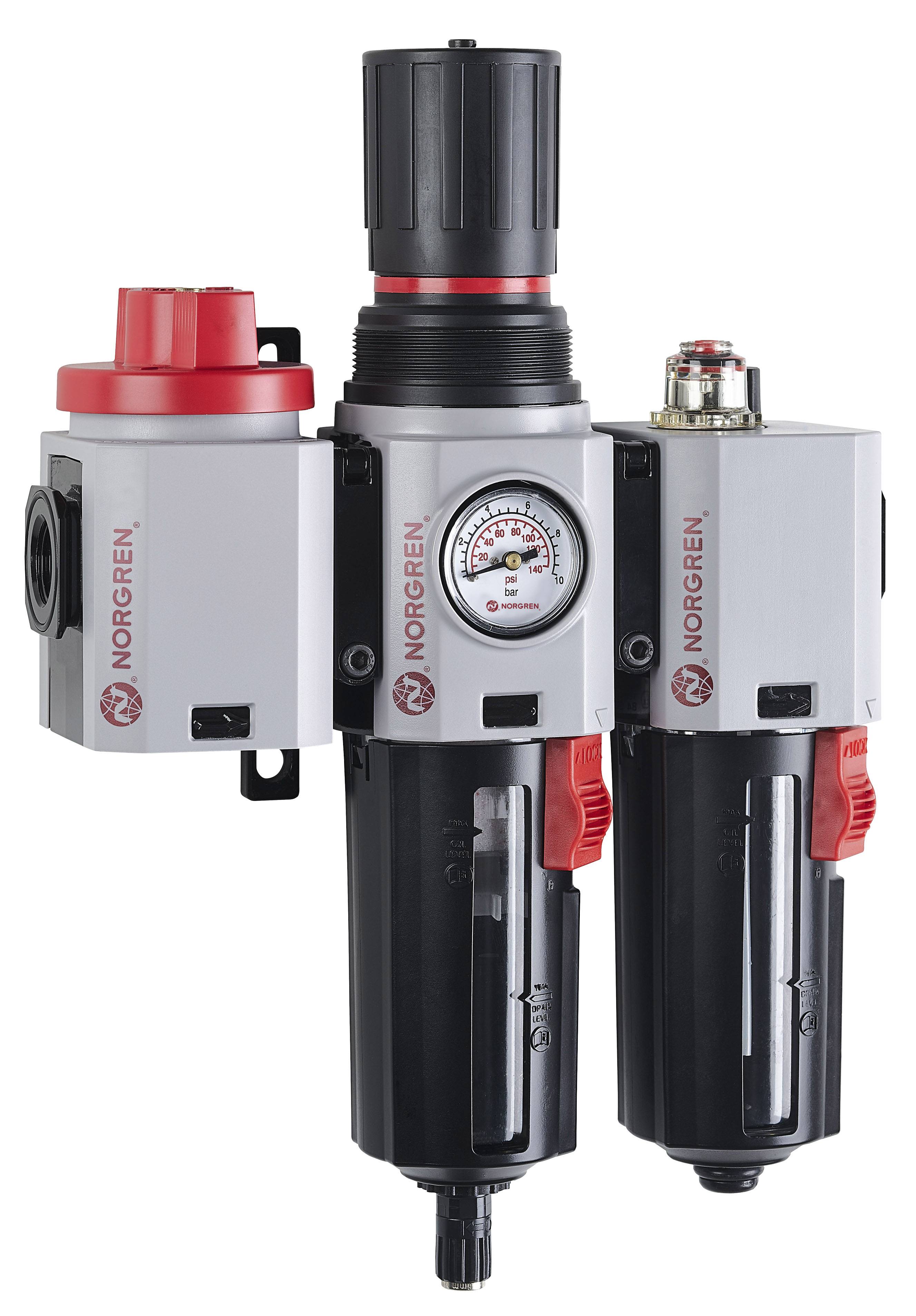 Druckluftwartungseinheit mit Manometer, bestehend aus drei Modulen, zur Regulierung und Filtration in pneumatischen Systemen.