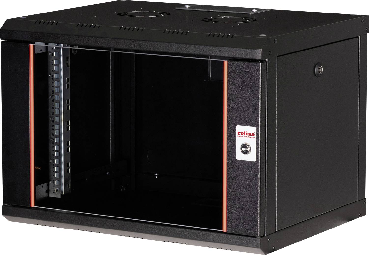 Schwarzes Server-Rackgehäuse mit Glasfronttür und Belüftungsschlitzen. Platz für technische Netzwerk- oder Computer-Hardware.